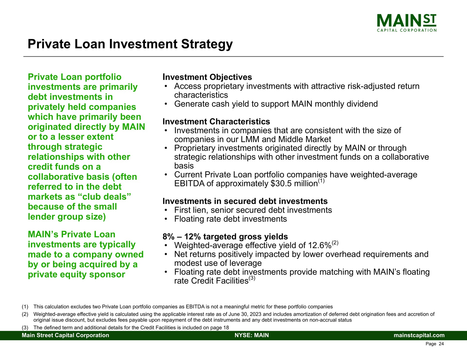private loan investment strategy private loan portfolio investments are primarily debt investments in privately held companies which have primarily been originated directly by main or to a lesser extent through strategic relationships with other credit funds on a collaborative basis often referred to in the debt markets as club deals because of the small lender group size main private loan investments are typically made to a company owned by or being acquired by a private equity sponsor characteristics our and middle market approximately million weighted average effective yield | Main Street Capital