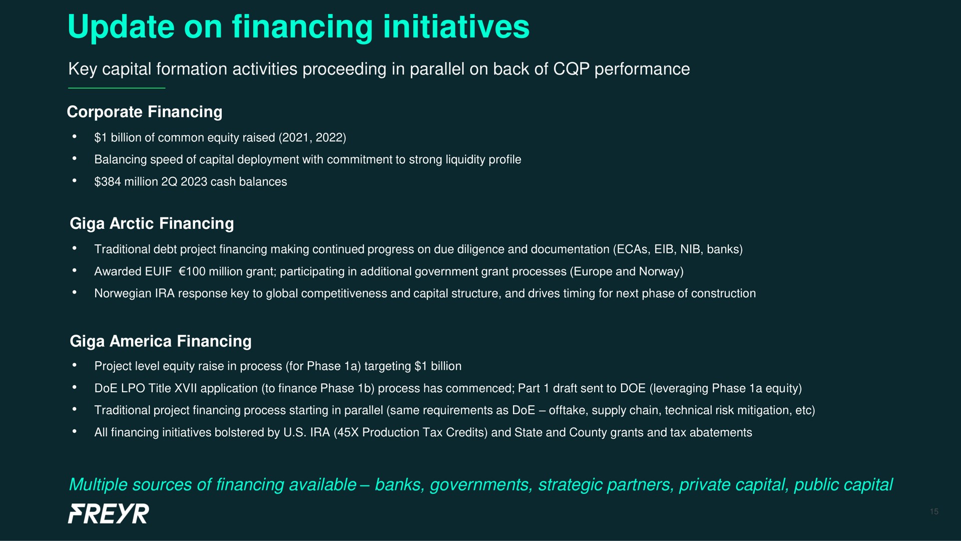 update on financing initiatives | Freyr