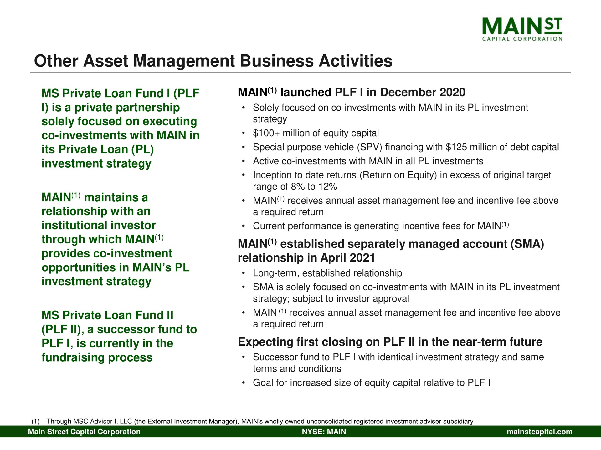 other asset management business activities investments with main in through which main provides investment a successor fund to million of equity capital main established separately managed account sma relationship in a required | Main Street Capital