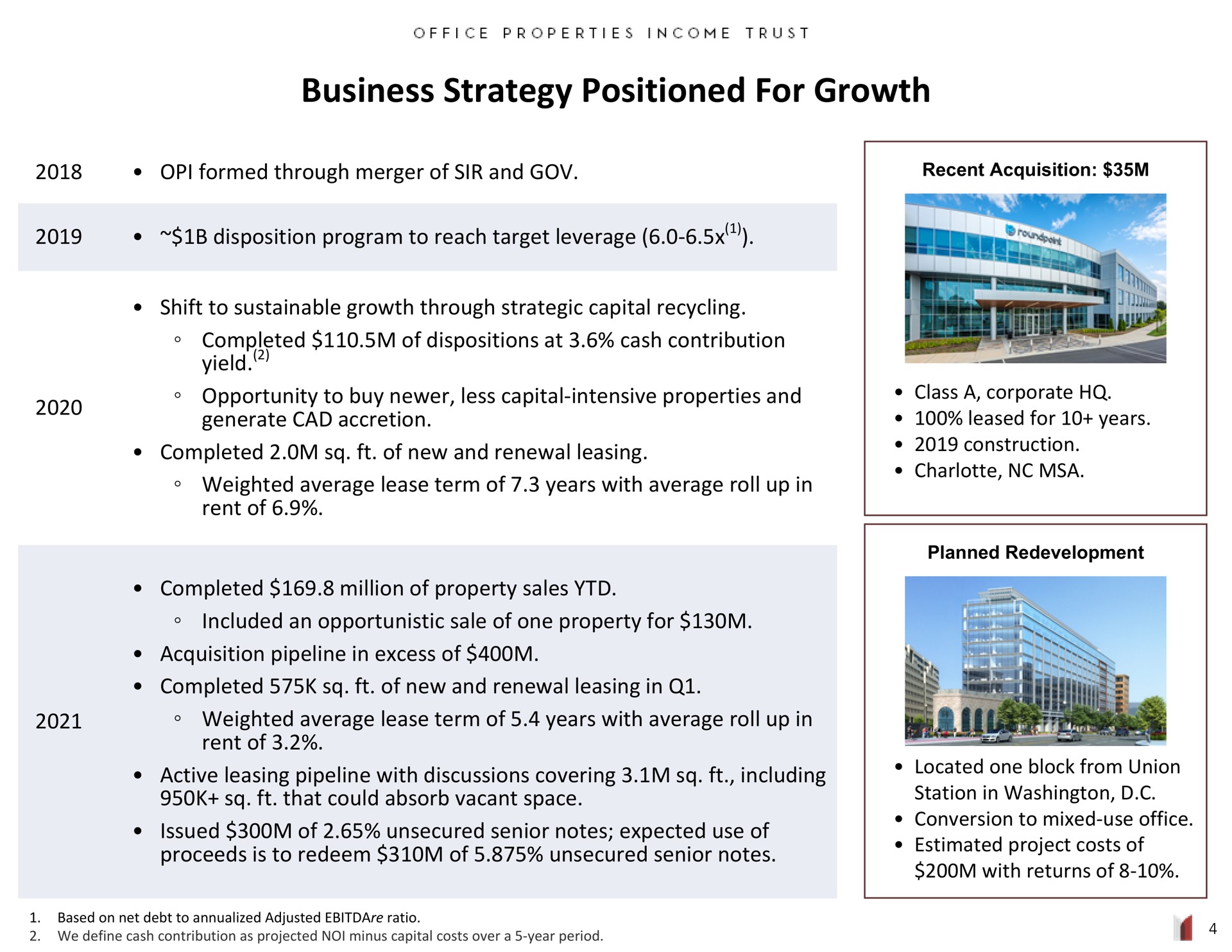 business strategy positioned for growth formed through merger of sir and disposition program to reach target leverage shift to sustainable growth through strategic capital recycling completed of dispositions at cash contribution yield opportunity to buy less capital intensive properties and generate cad accretion completed of new and renewal leasing weighted average lease term of years with average roll up in rent of completed million of property sales included an opportunistic sale of one property for acquisition pipeline in excess of completed of new and renewal leasing in weighted average lease term of years with average roll up in rent of active leasing pipeline with discussions covering including that could absorb vacant space issued of unsecured senior notes expected use of proceeds is to redeem of unsecured senior notes recent class a corporate leased construction station estimated project costs | Office Properties Income Trust