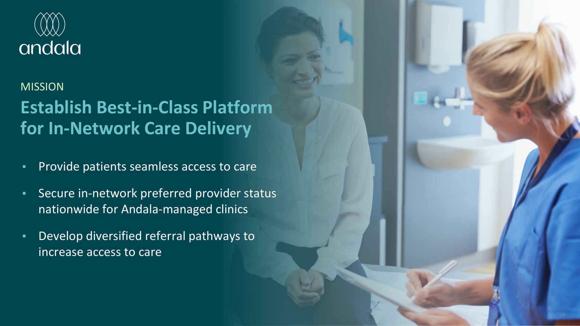 establish best in class platform for in network care delivery provide patients seamless access to care secure in network preferred provider status nationwide for managed clinics develop diversified referral pathways to increase access to care a | Eleusis