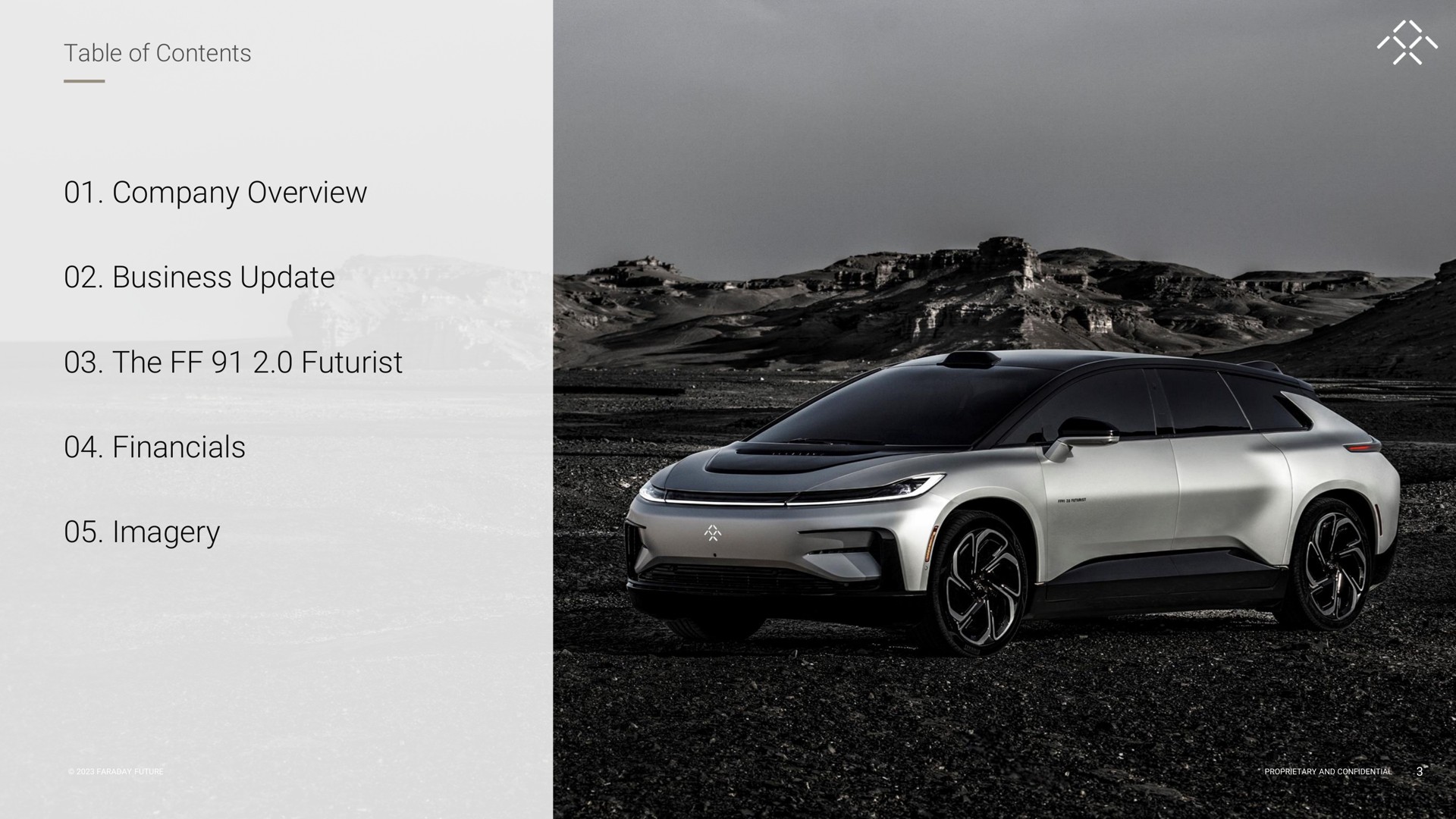 table of contents company overview business update the futurist imagery | Faraday Future