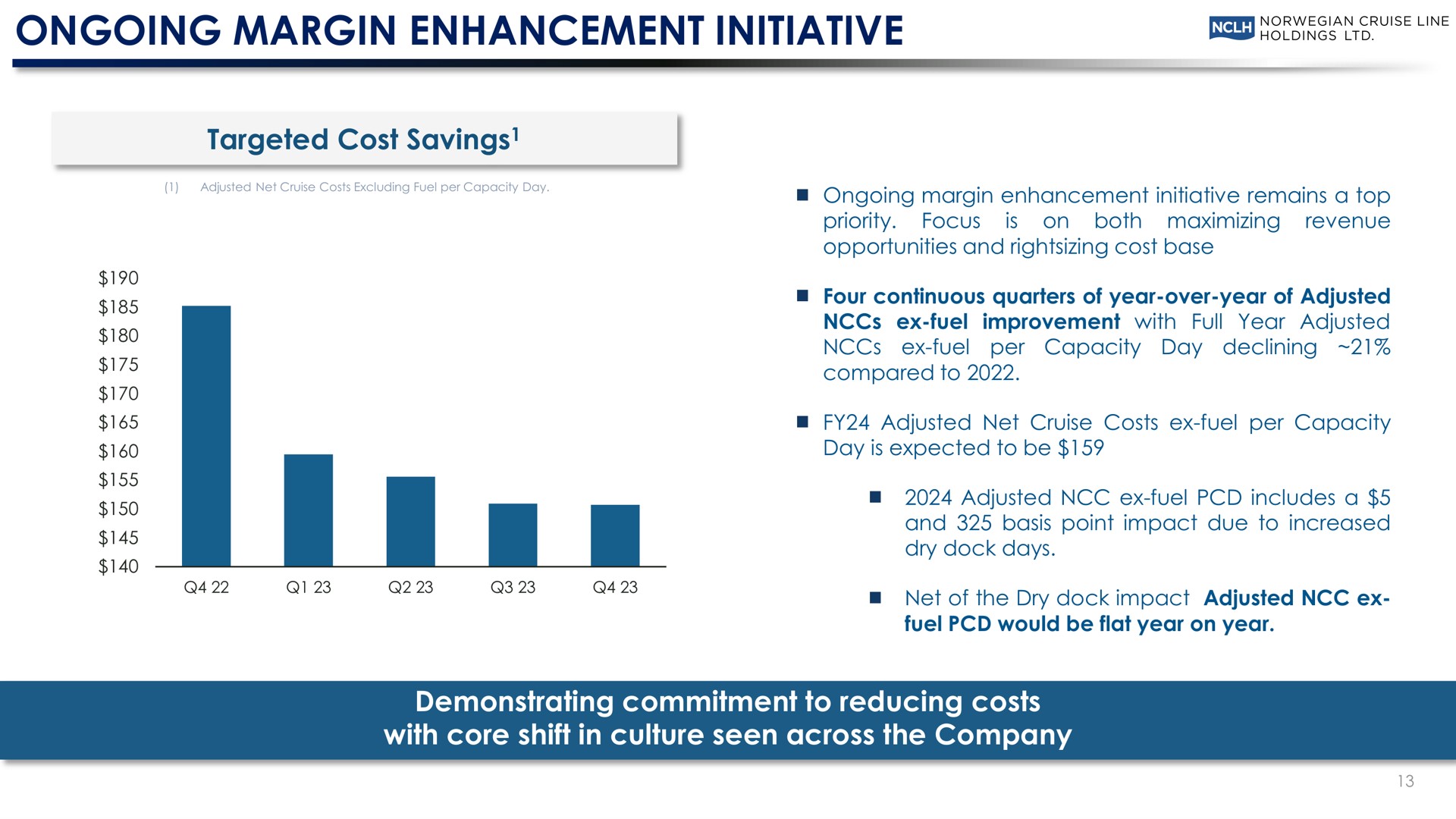 ongoing margin enhancement initiative targeted cost savings demonstrating commitment to reducing costs with core shift in culture seen across the company tad stones savings | Norwegian Cruise Line