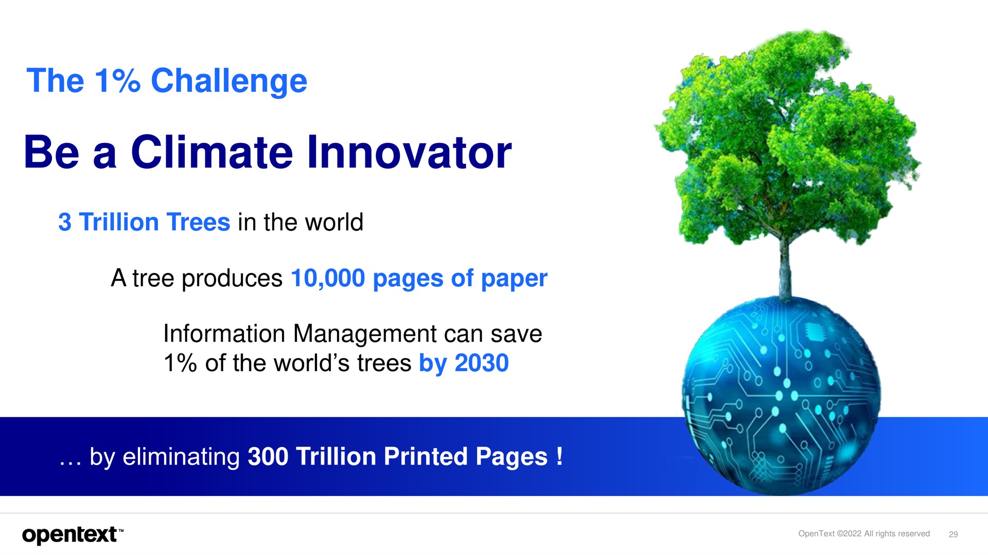 the challenge be a climate innovator trillion trees in world produces pages of paper information management can save of world trees by by eliminating trillion printed pages | OpenText