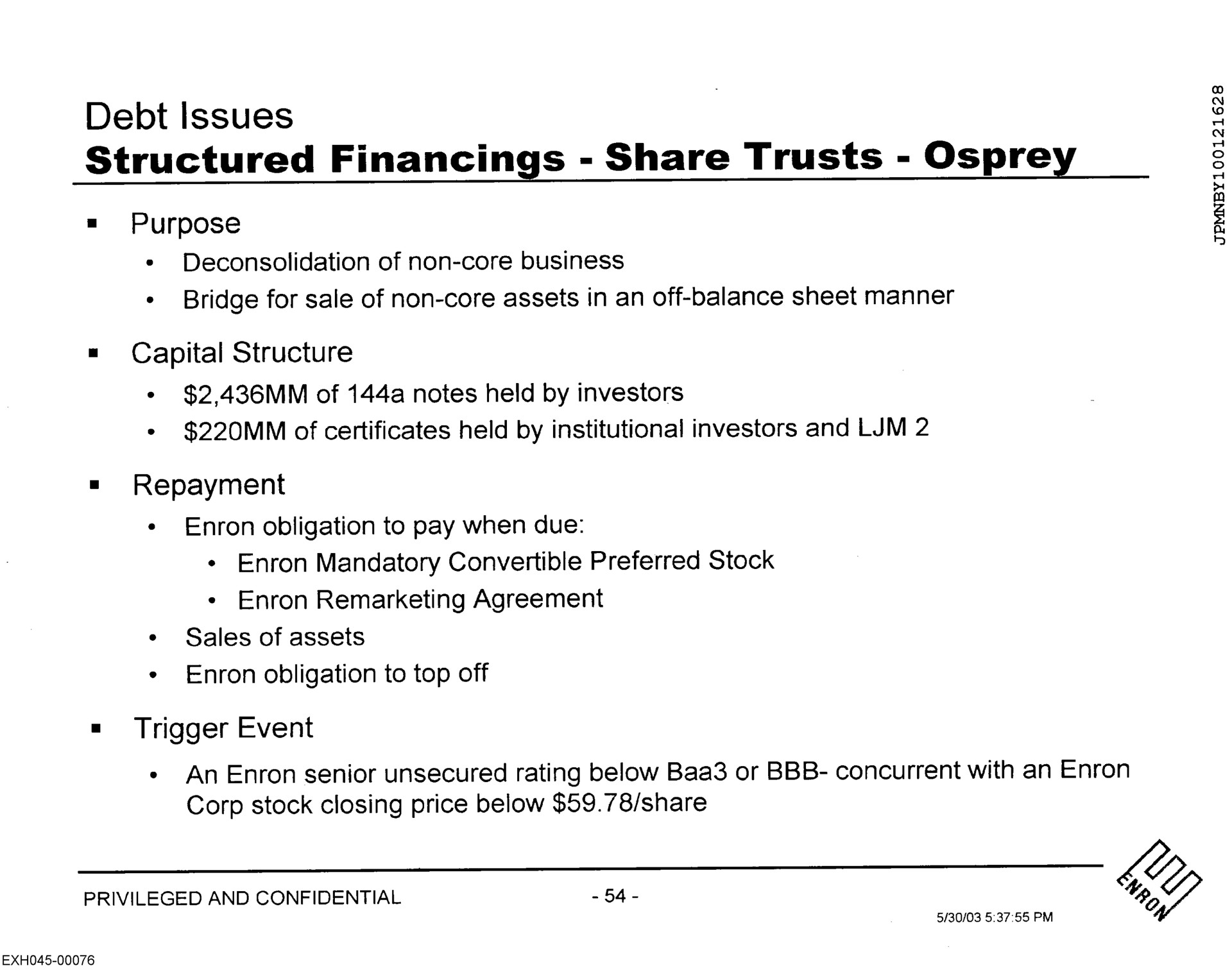 debt issues structured financings share trusts osprey | Enron