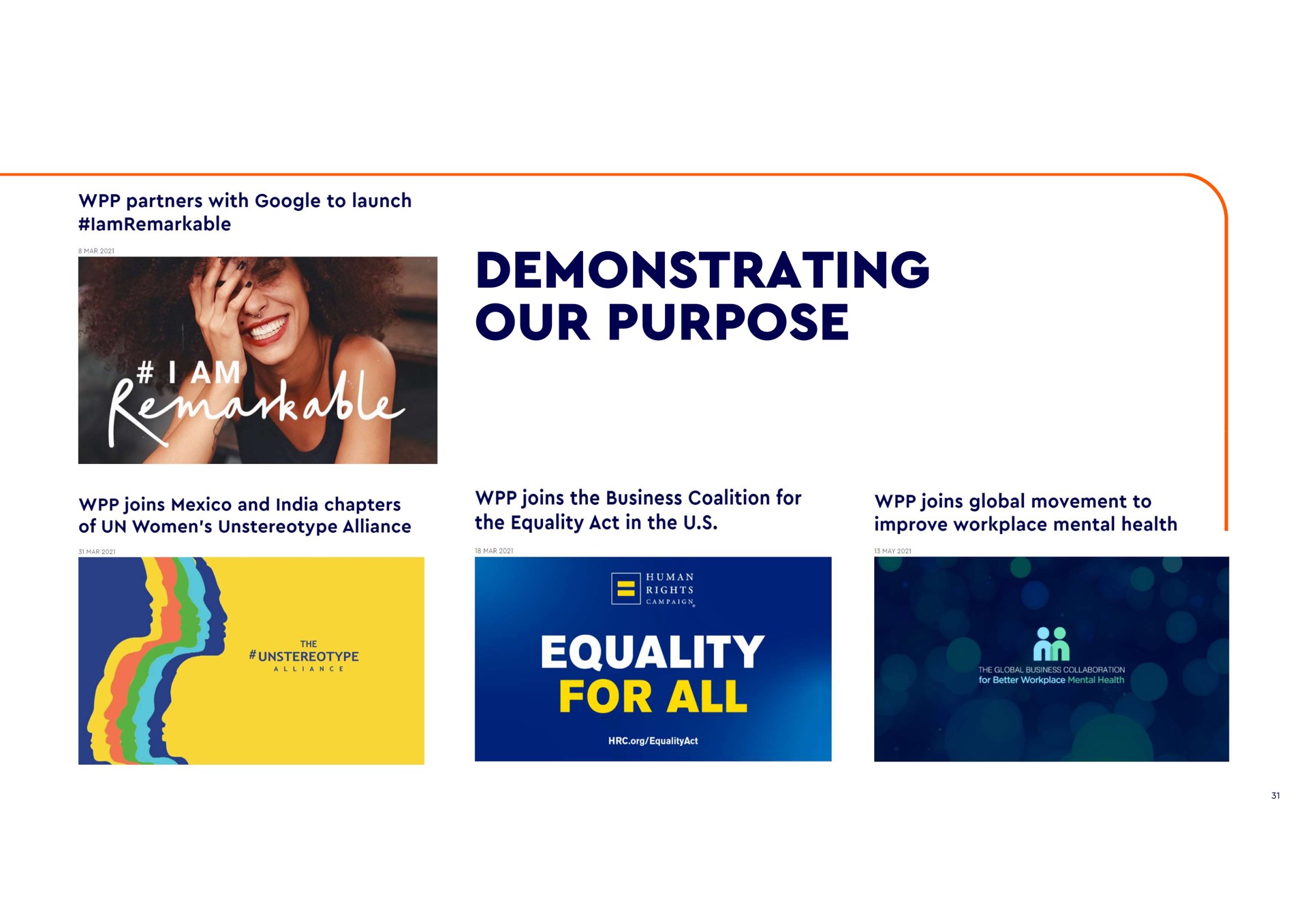 demonstrating our purpose partners with to launch mar joins and chapters of women alliance joins the business coalition for the equality act in the joins global movement to improve workplace mental health the alliance ore kay equality for all business he global for better workplace | WPP
