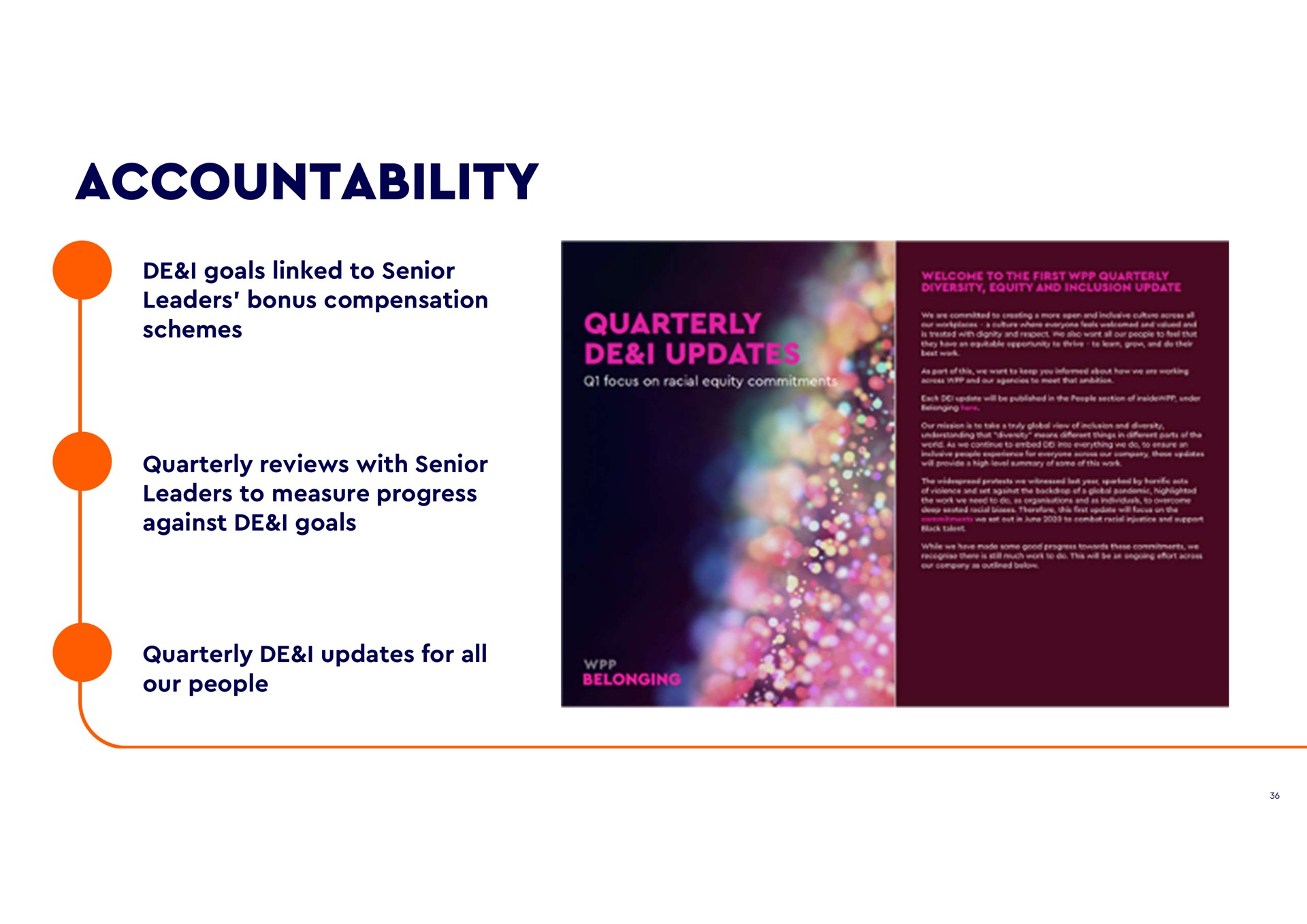 accountability i goals linked to senior leaders bonus compensation schemes quarterly reviews with senior leaders to measure progress against goals quarterly updates for all our people | WPP