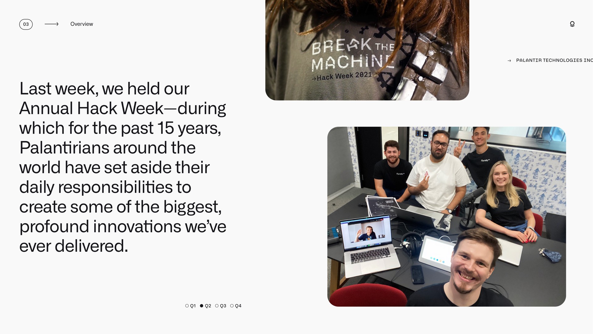 last week we held our annual hack week during which for the past years around the world have set aside their daily responsibilities to create some of the biggest profound innovations we ever delivered breck tue | Palantir
