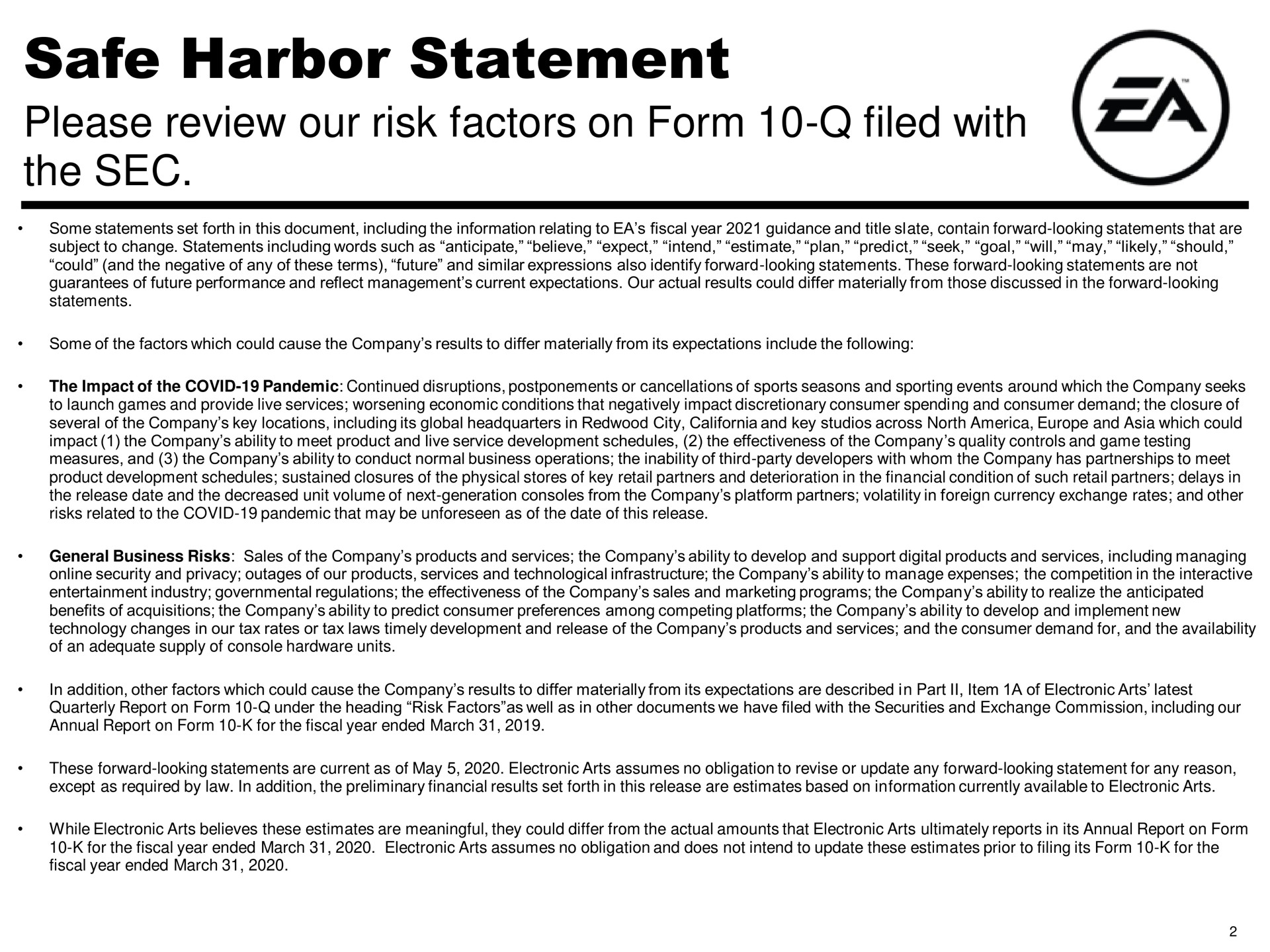 safe harbor statement | Electronic Arts