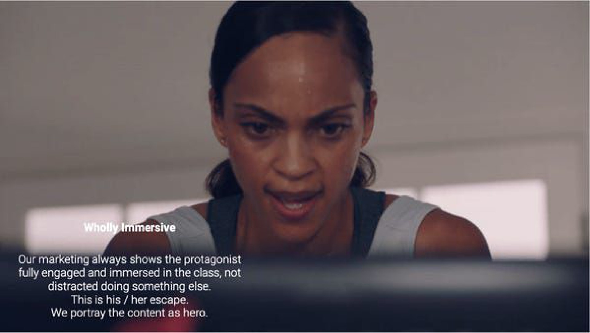 we portray the content as hero shows the protagonist and immersed in the class not distracted doing something else this is his her escape | Peloton