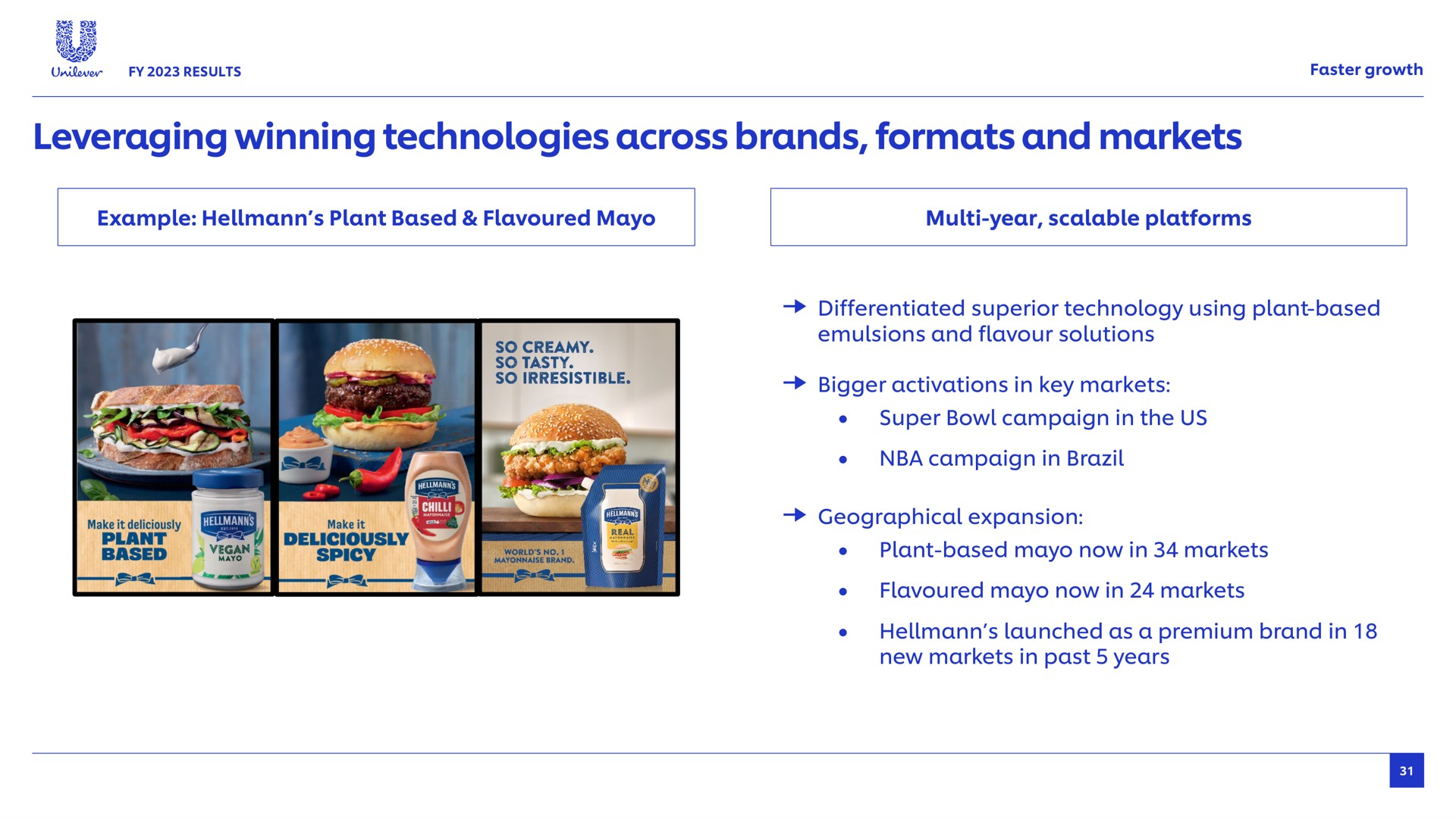 leveraging winning technologies across brands formats and markets example plant based flavoured year scalable platforms creamy tasty differentiated superior technology using plant based emulsions flavour solutions bigger activations in key super bowl campaign in the us in brazil geographical expansion plant based now in flavoured now in launched as a premium brand in new in past years | Unilever