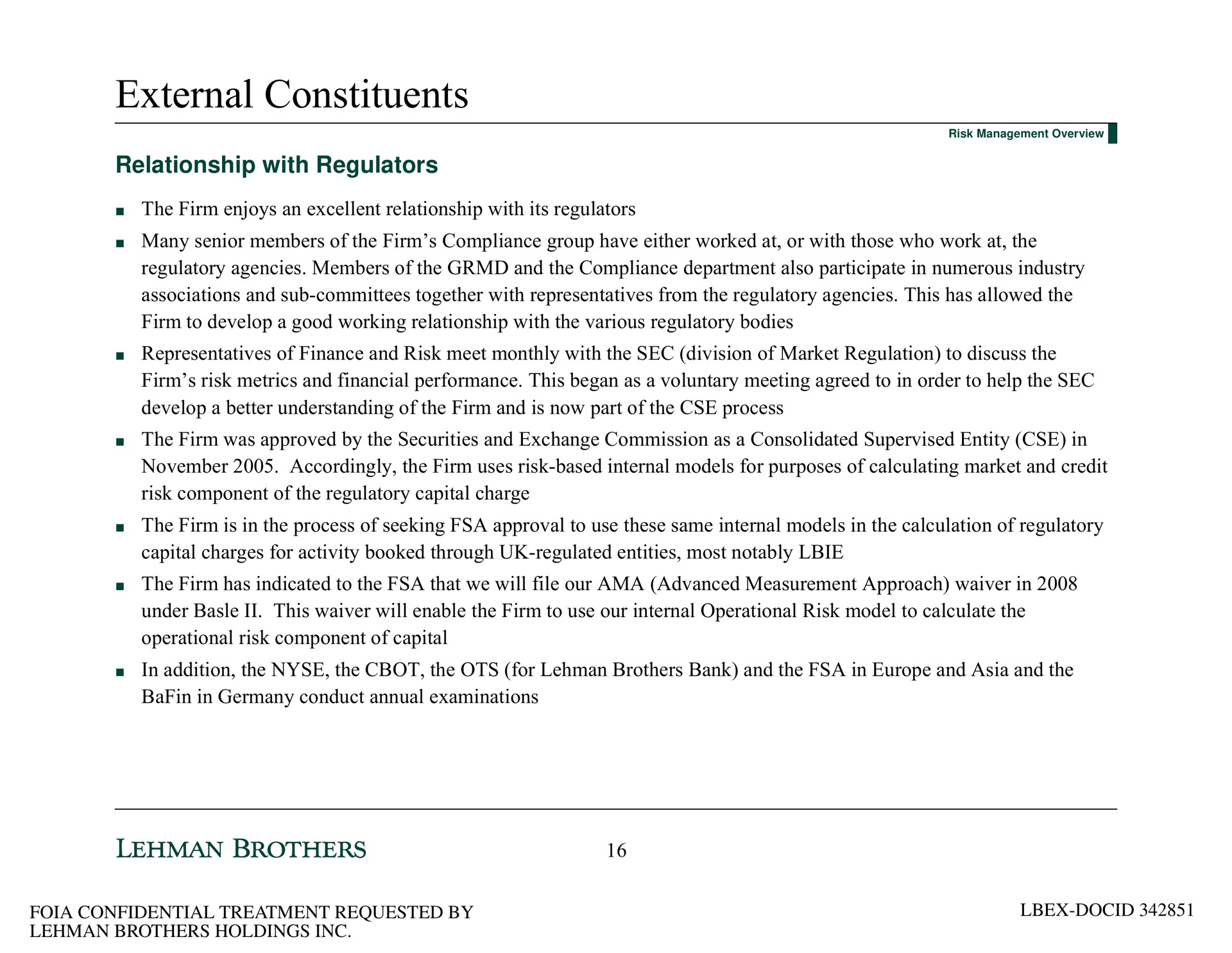 external constituents relationship with regulators | Lehman Brothers