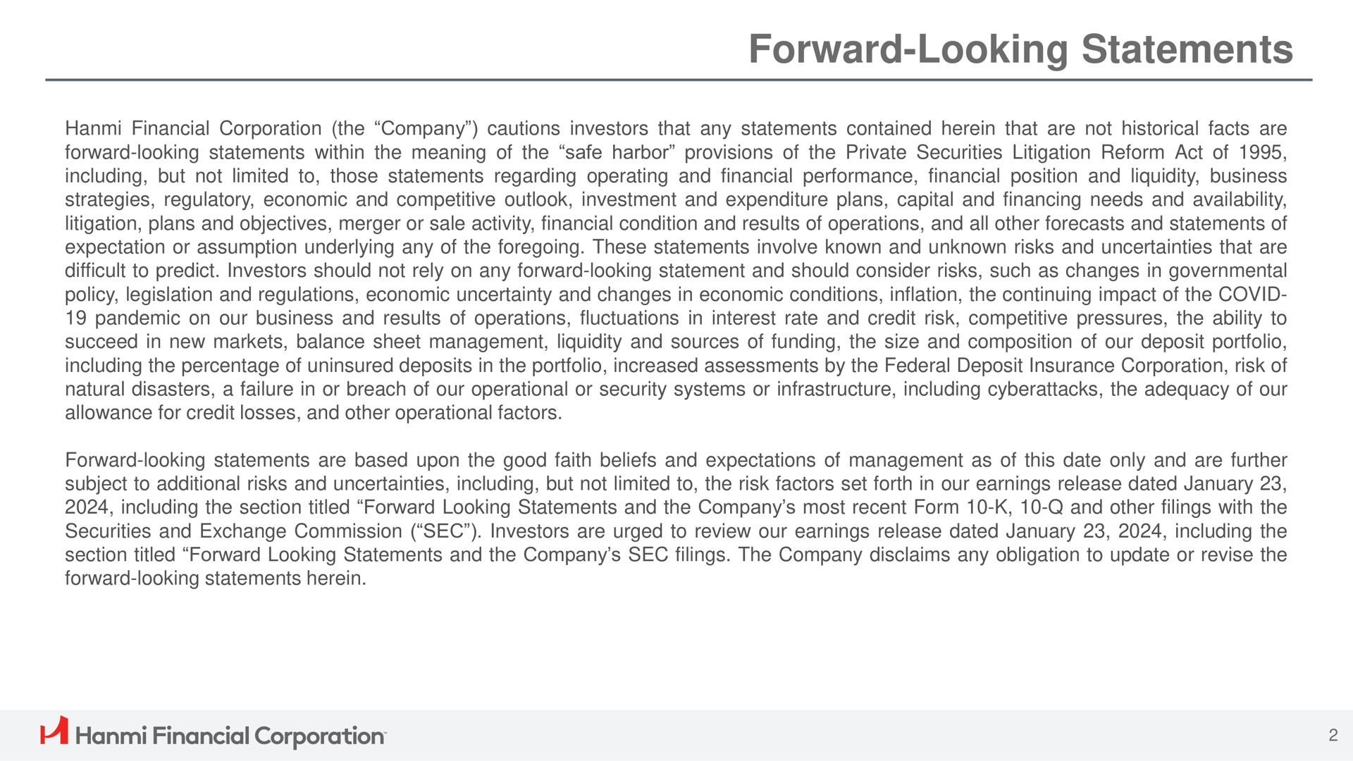 forward looking statements financial corporation | Hanmi Financial