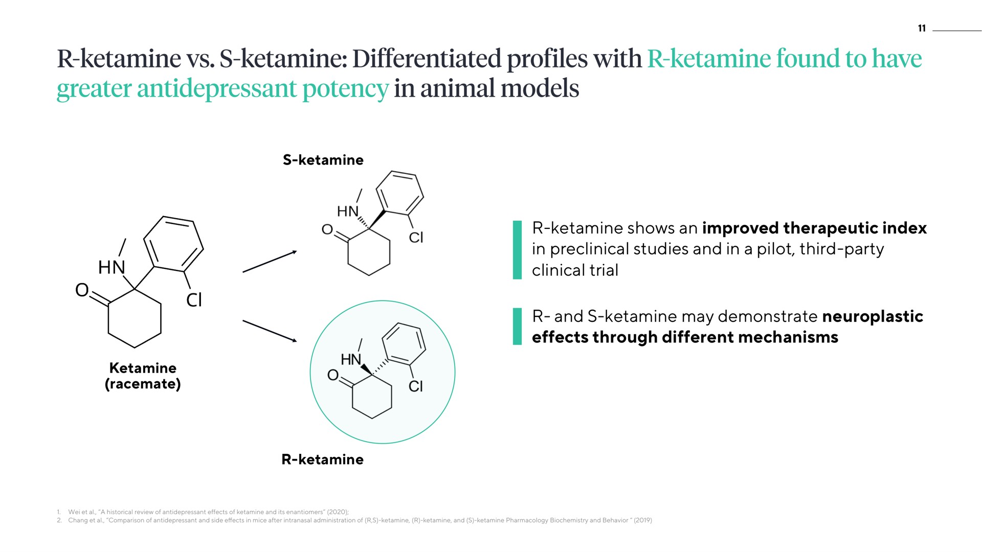 shows an improved therapeutic index in preclinical studies and in a pilot third party clinical trial and may demonstrate effects through different mechanisms racemate differentiated profiles with found to have greater potency animal models | ATAI