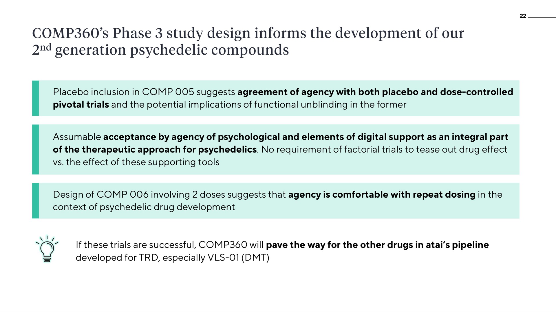 placebo inclusion in suggests agreement of agency with both placebo and dose controlled pivotal trials and the potential implications of functional in the former assumable acceptance by agency of psychological and elements of digital support as an integral part of the therapeutic approach for no requirement of factorial trials to tease out drug effect the effect of these supporting tools design of involving doses suggests that agency is comfortable with repeat dosing in the context of drug development if these trials are successful will pave the way for the other drugs in pipeline developed for especially phase study informs our generation compounds | ATAI