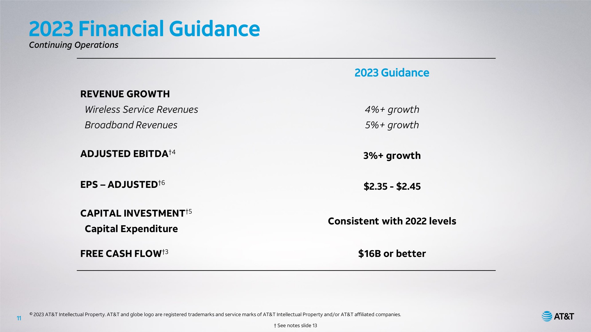 financial guidance continuing operations revenue growth wireless service revenues revenues adjusted adjusted capital investment capital expenditure free cash flow guidance growth growth growth consistent with levels or better | AT&T