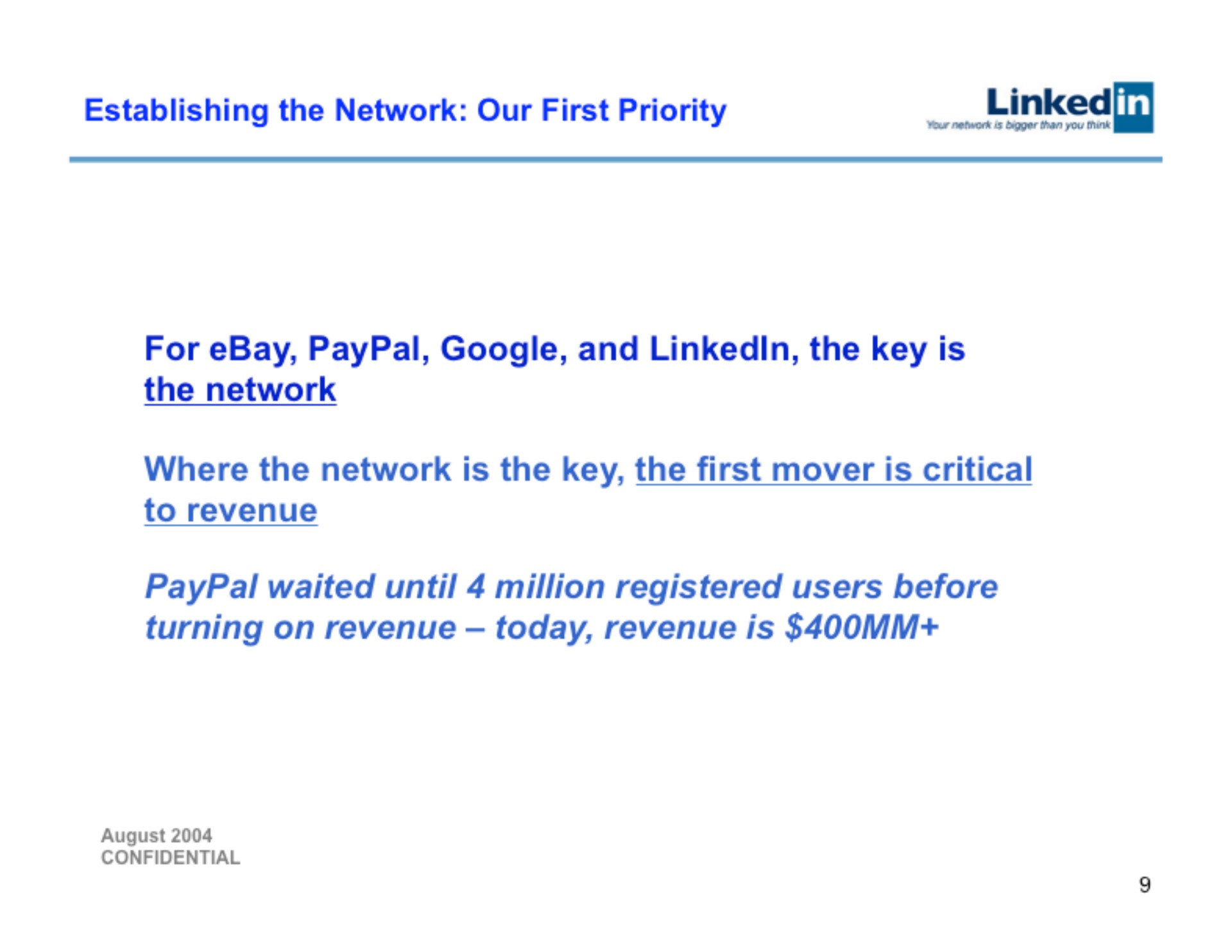 establishing the network our first priority linked for and the key is the network where the network is the key the first mover is critical to revenue waited until million registered users before turning on revenue today revenue is | Linkedin