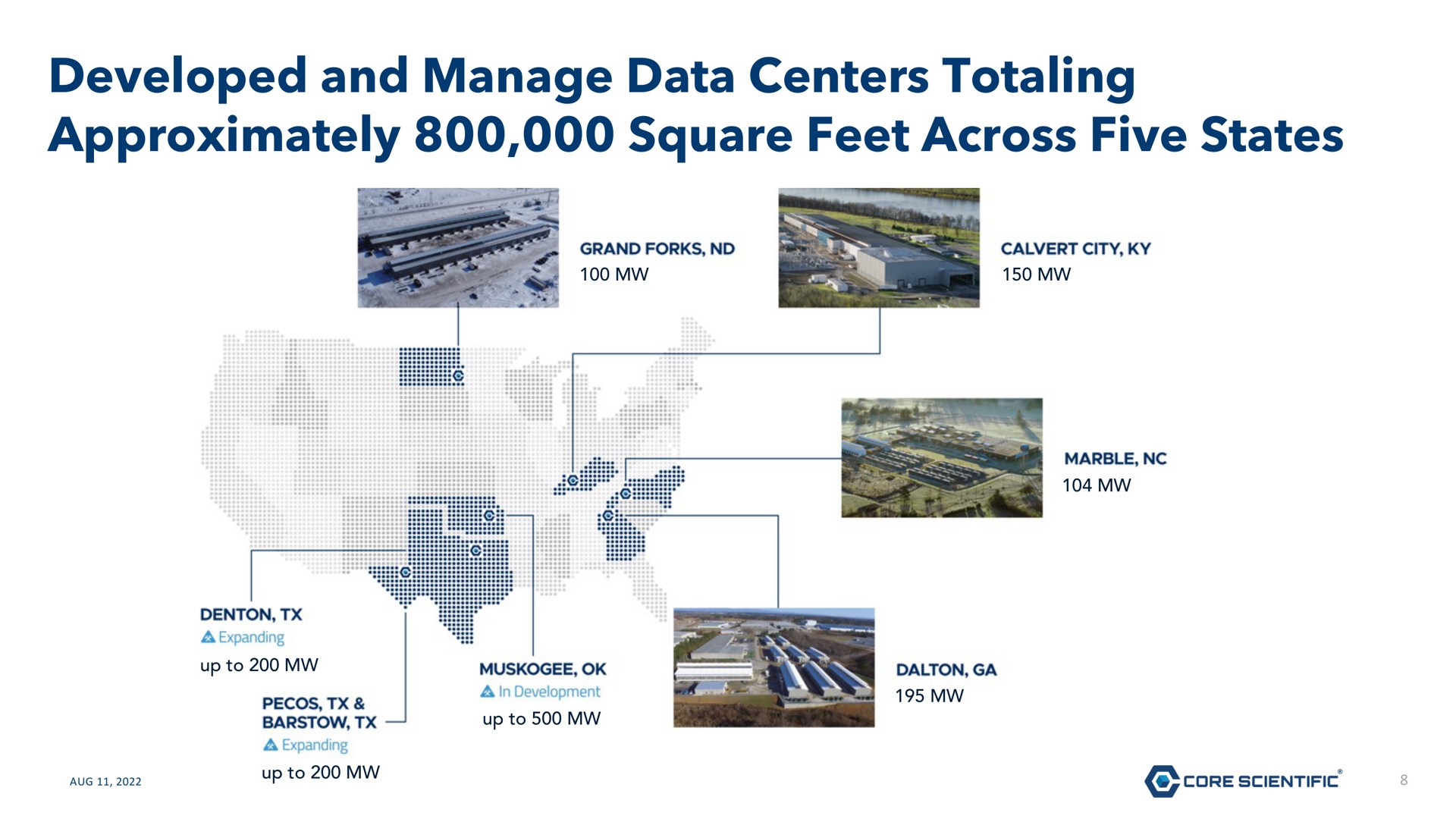 developed and manage data centers totaling approximately square feet across five states | Core Scientific