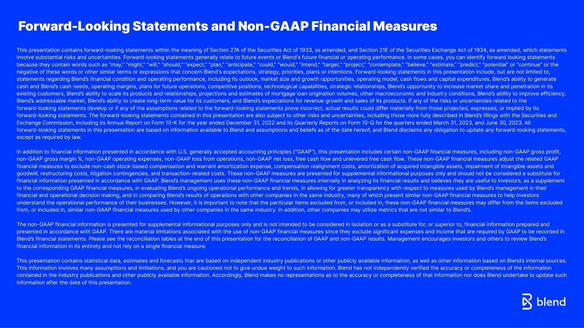 forward looking statements and non financial measures | Blend
