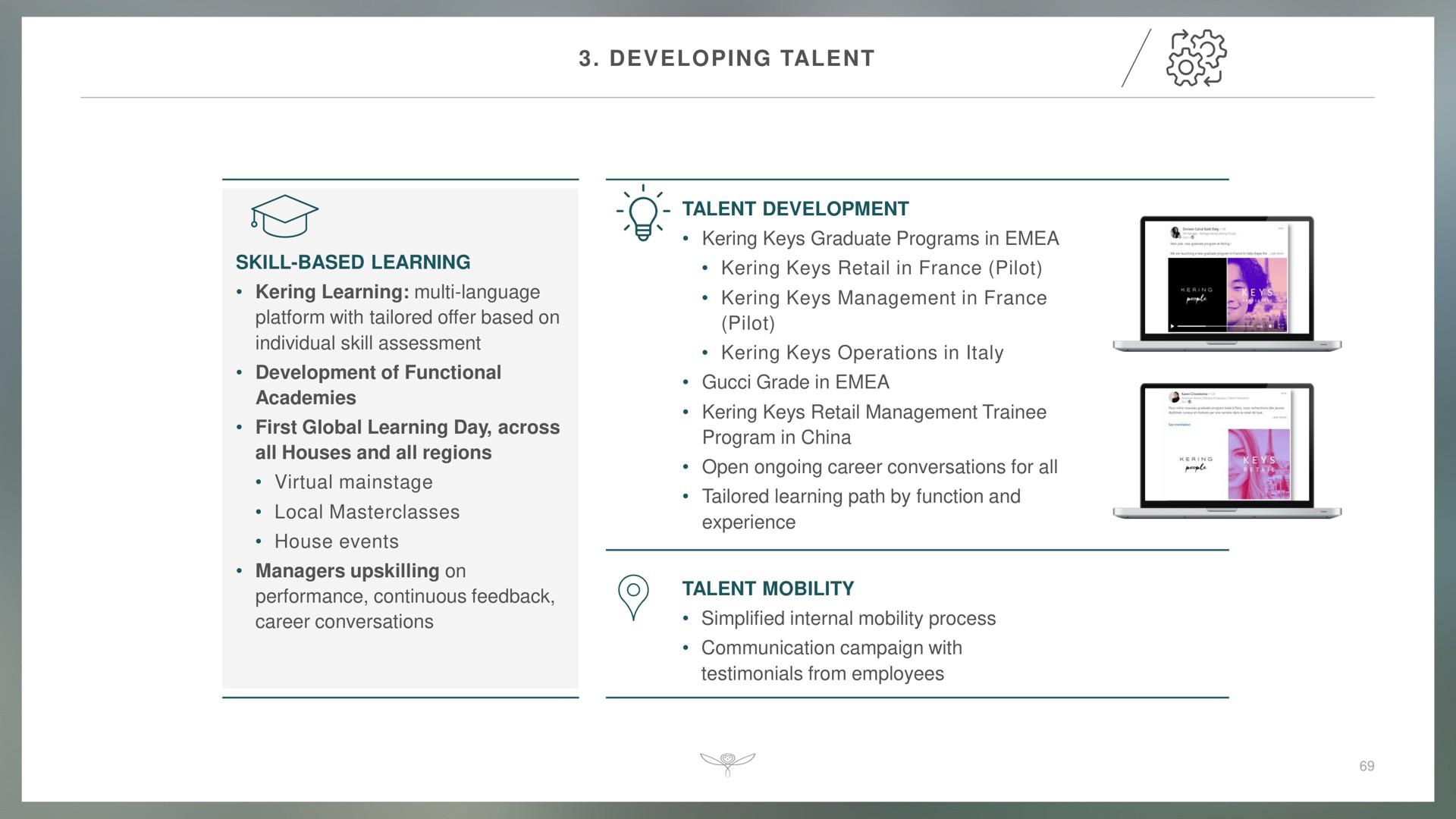 developing talent skill based learning learning language platform with tailored offer based on individual skill assessment development of functional academies first global learning day across all houses and all regions virtual local house events managers on performance continuous feedback career conversations talent development keys graduate programs in keys retail in pilot keys management in pilot keys operations in grade in keys retail management trainee program in china open ongoing career conversations for all tailored learning path by function and experience talent mobility simplified internal mobility process communication campaign with testimonials from employees | Kering
