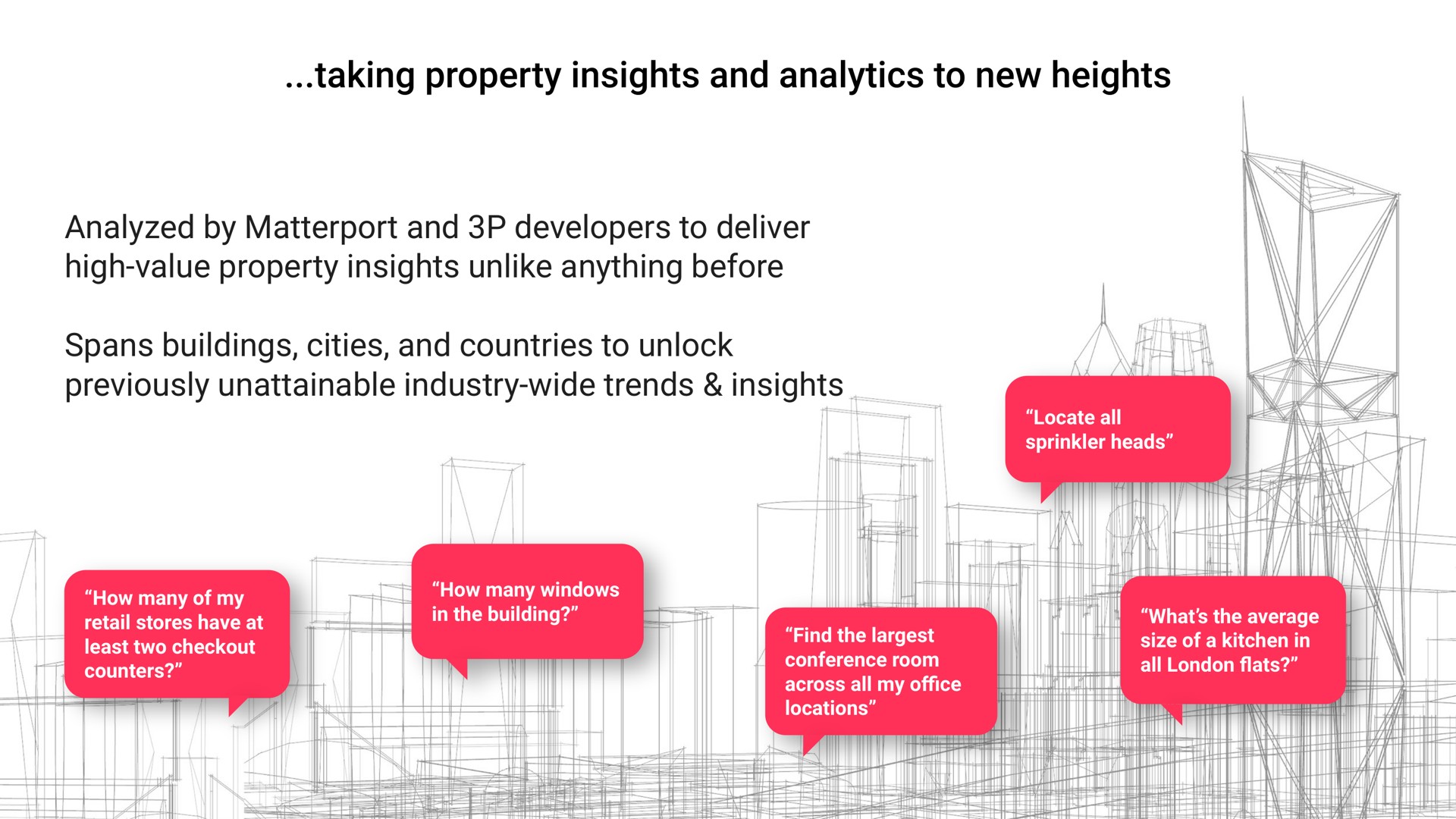 analyzed by and developers to deliver high value property insights unlike anything before spans buildings cities and countries to unlock previously unattainable industry wide trends insights taking analytics new heights | Matterport