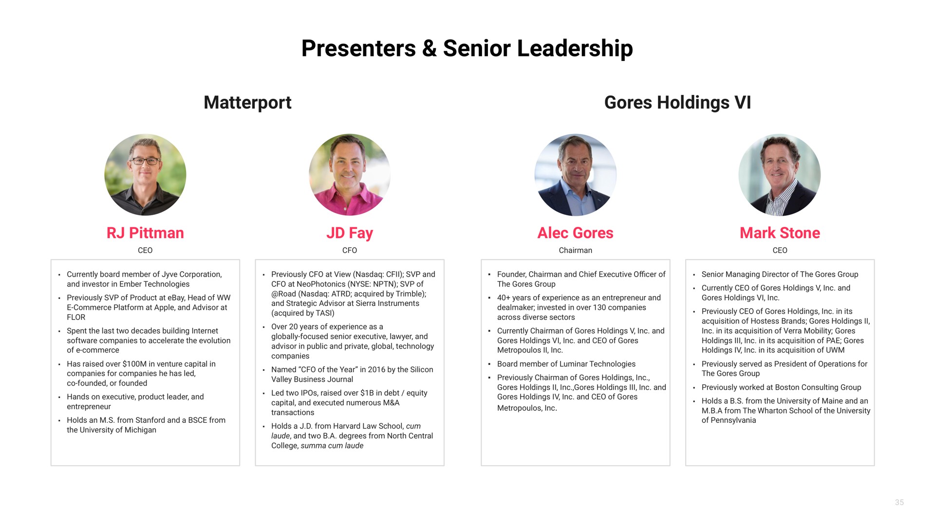 presenters senior leadership gores holdings fay alec gores mark stone | Matterport