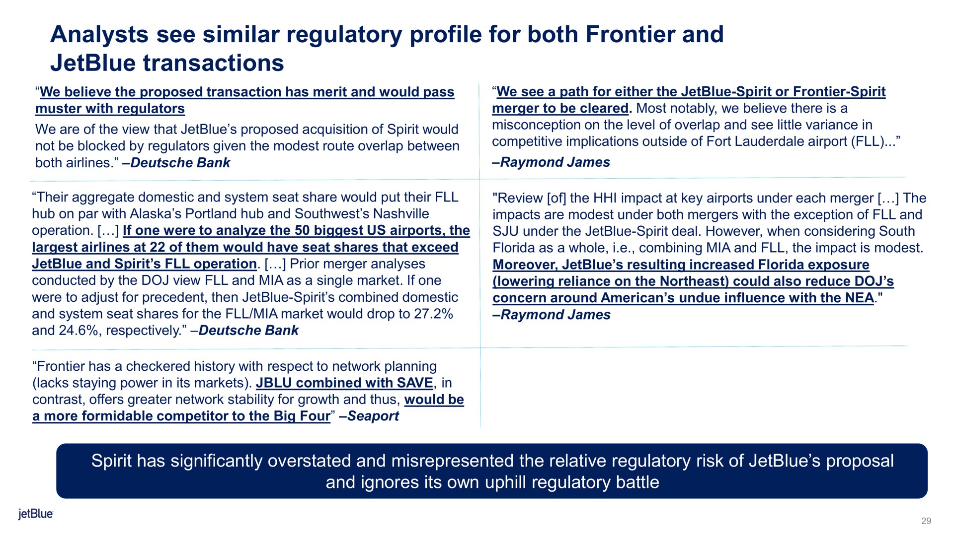 analysts see similar regulatory profile for both frontier and transactions | jetBlue
