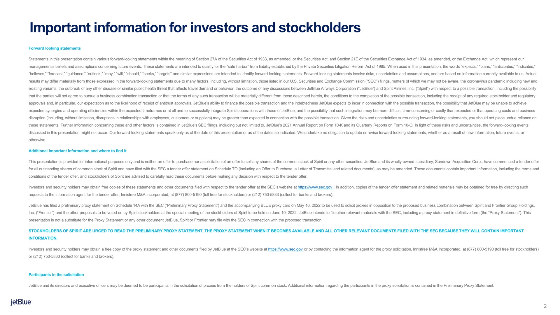 important information for investors and stockholders | jetBlue