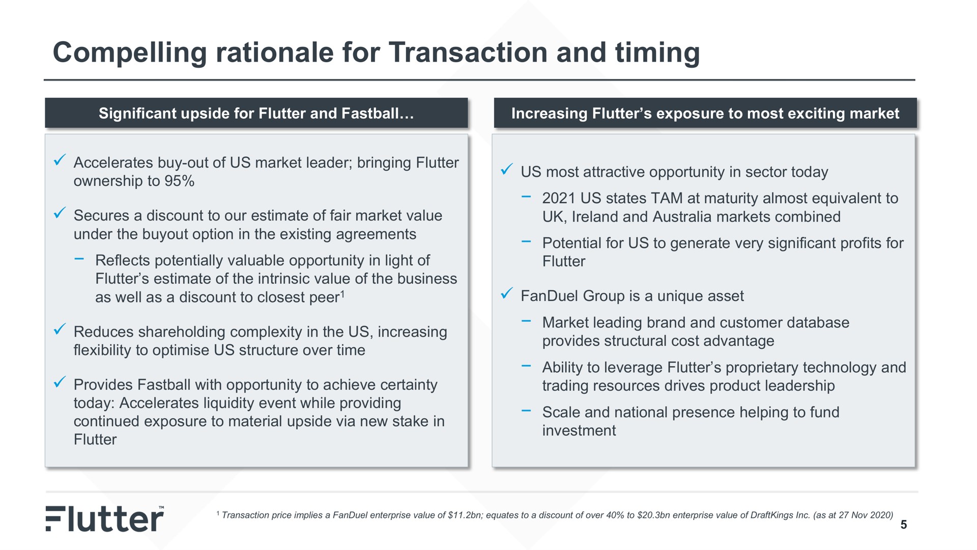 compelling rationale for transaction and timing | Flutter