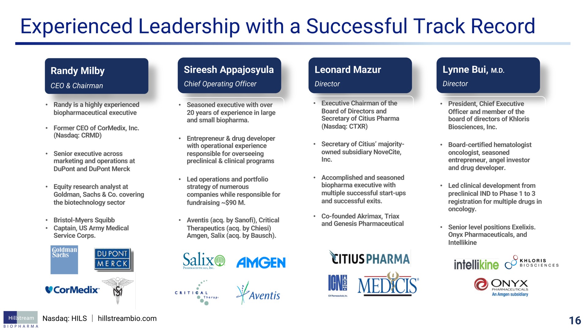 experienced leadership with a successful track record salix me coma ces | Hillstream BioPharma