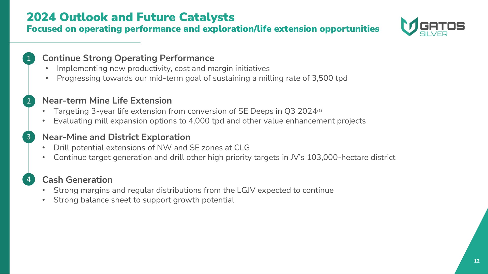 outlook and future catalysts focused on operating performance and exploration life extension opportunities continue strong operating performance near term mine life extension near mine and district exploration cash generation | Gatos Silver