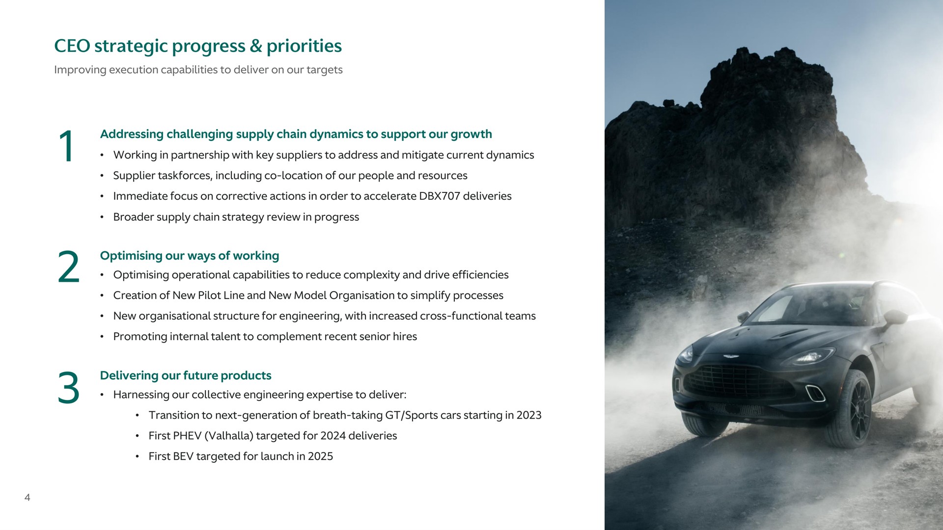 strategic progress priorities addressing challenging supply chain dynamics to support our growth our ways of working delivering our future products | Aston Martin Lagonda