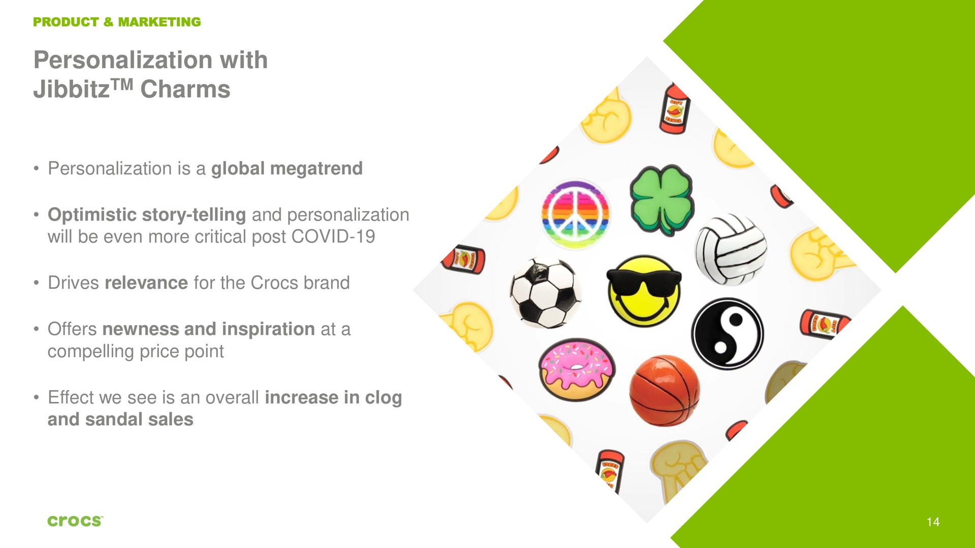 personalization with charms is a global optimistic story telling and will be even more critical post covid offers newness and inspiration at a effect we see is an overall increase in clog compelling price point and sandal sales | Crocs