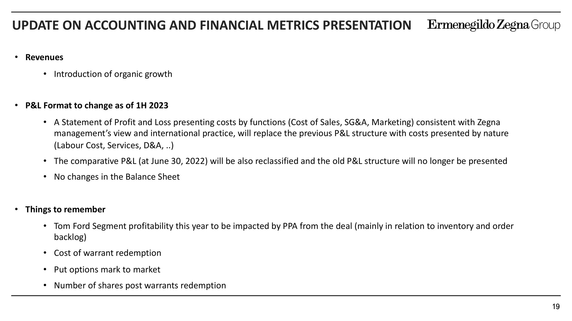 update on accounting and financial metrics presentation | Zegna