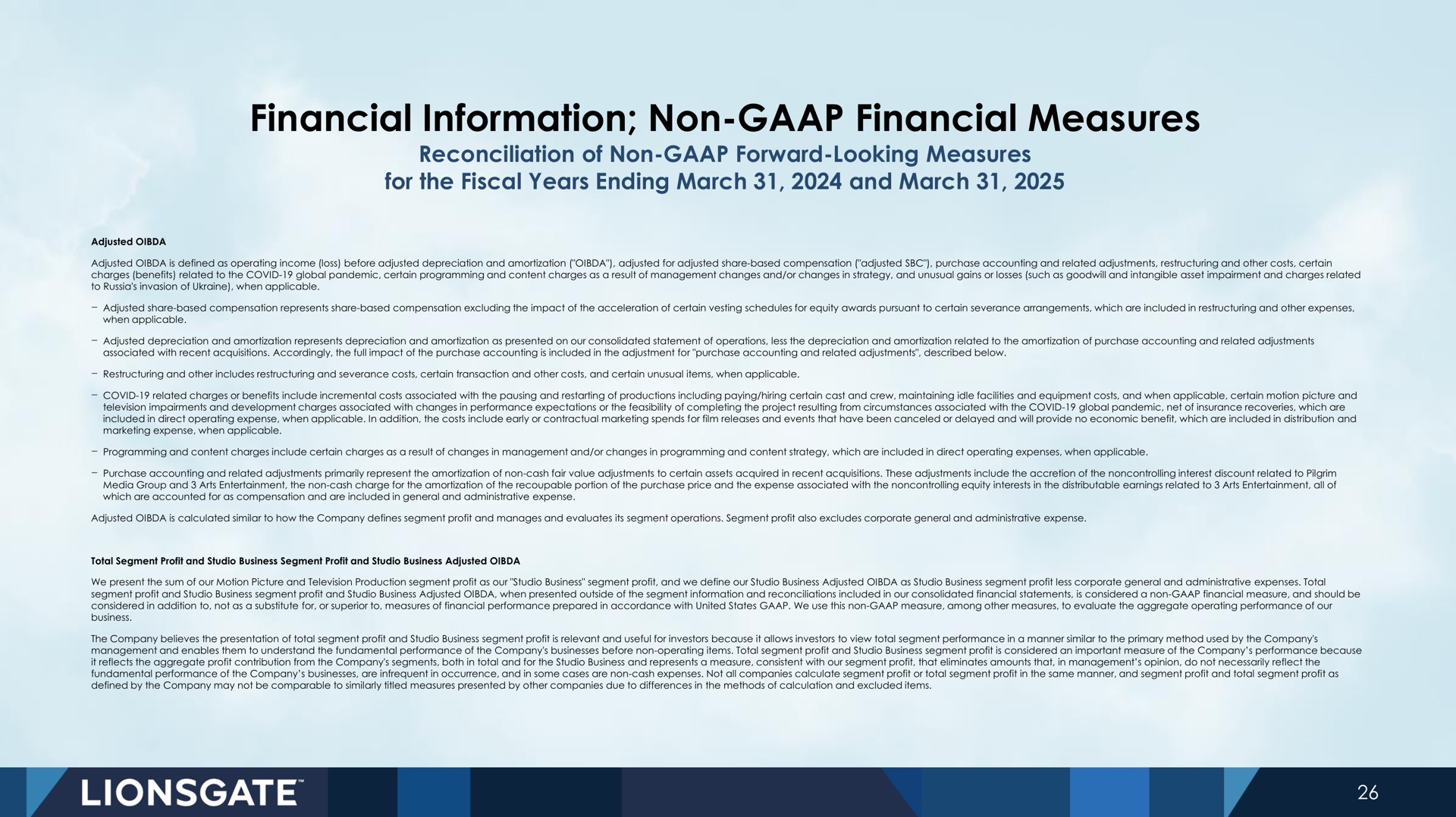 financial information non financial measures | Lionsgate