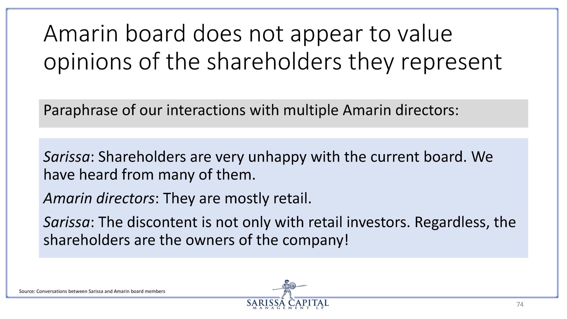amarin board does not appear to value opinions of the shareholders they represent | Sarissa Capital