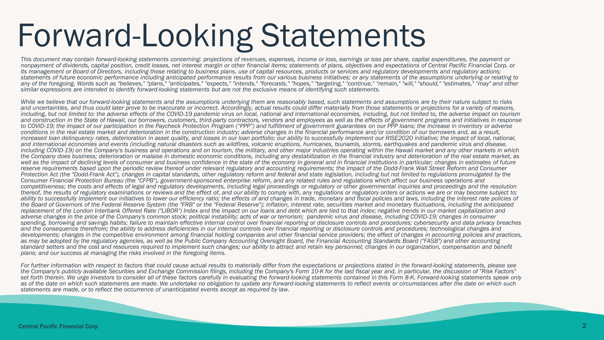 forward looking statements | Central Pacific Financial
