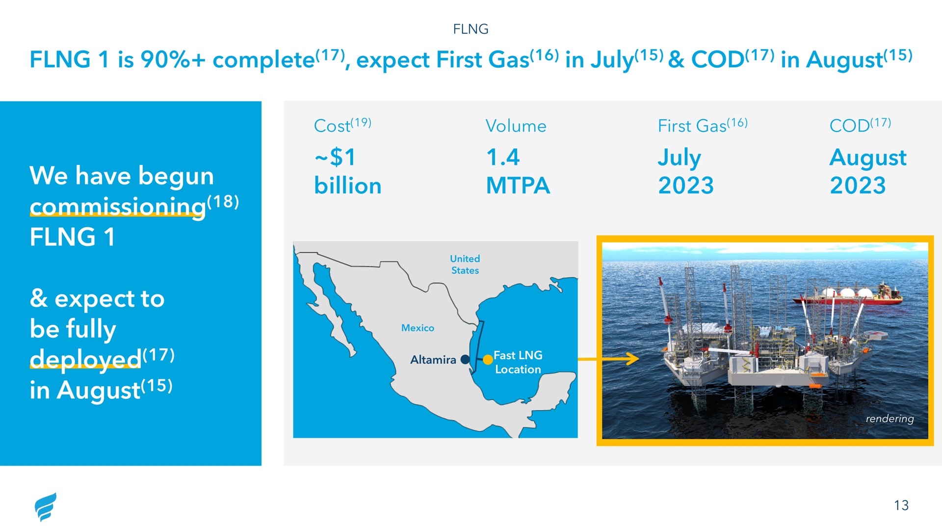 is complete expect first gas in cod in august we have begun commissioning expect to be fully deployed in august billion volume first gas august ing cost | NewFortress Energy