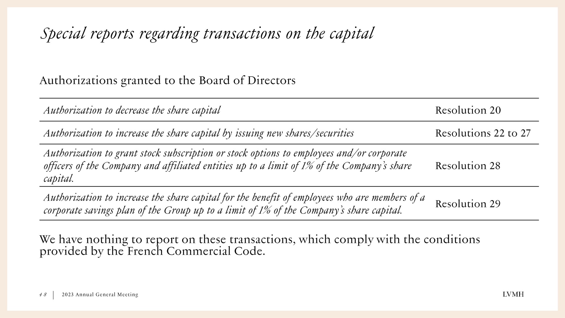 special reports regarding transactions on the capital | LVMH