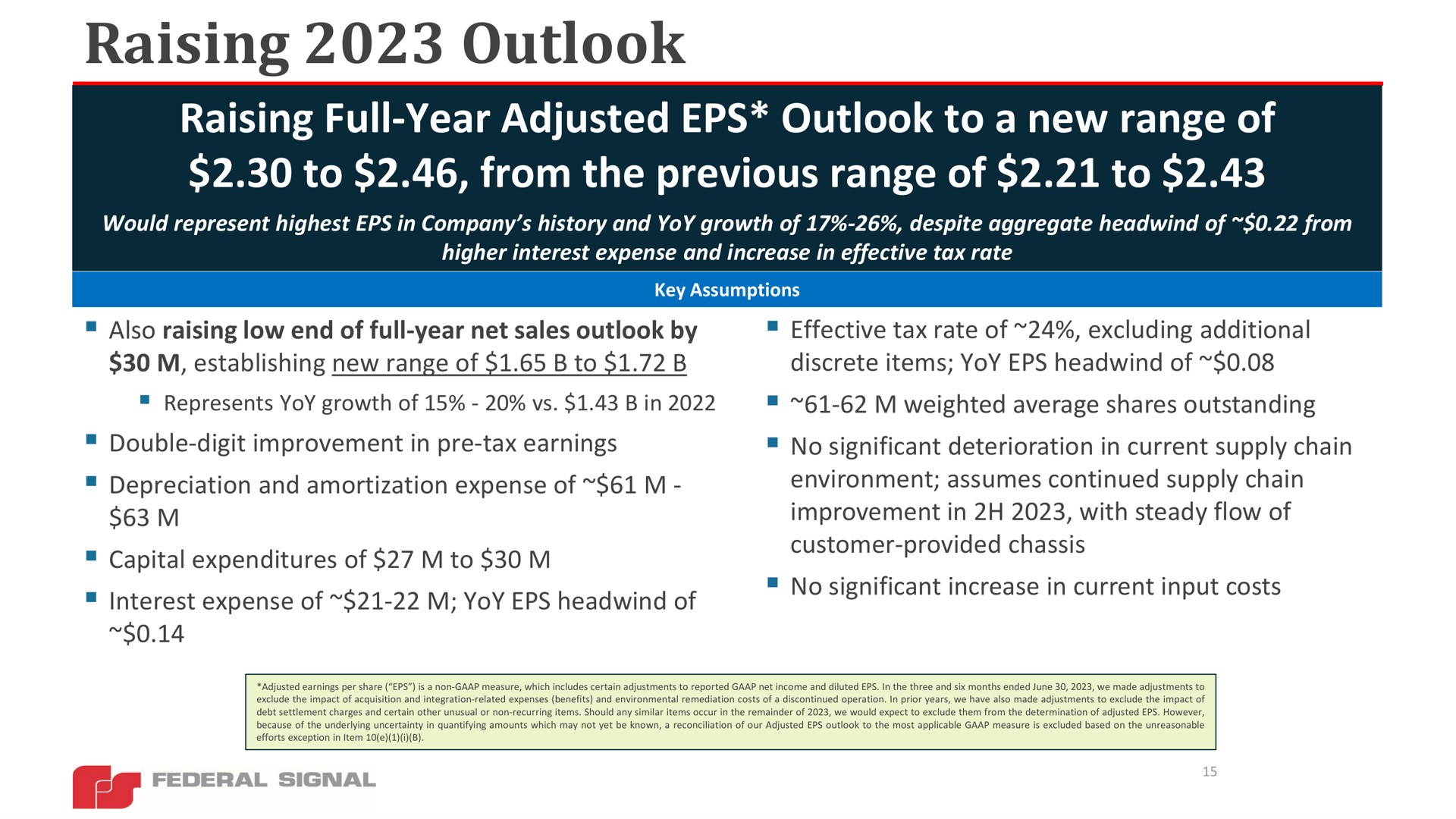 raising outlook raising full year adjusted outlook to a new range of to from the previous range of to | Federal Signal
