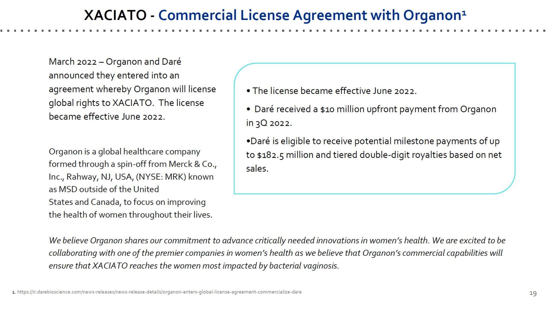 commercial license agreement with organon | Dare Bioscience