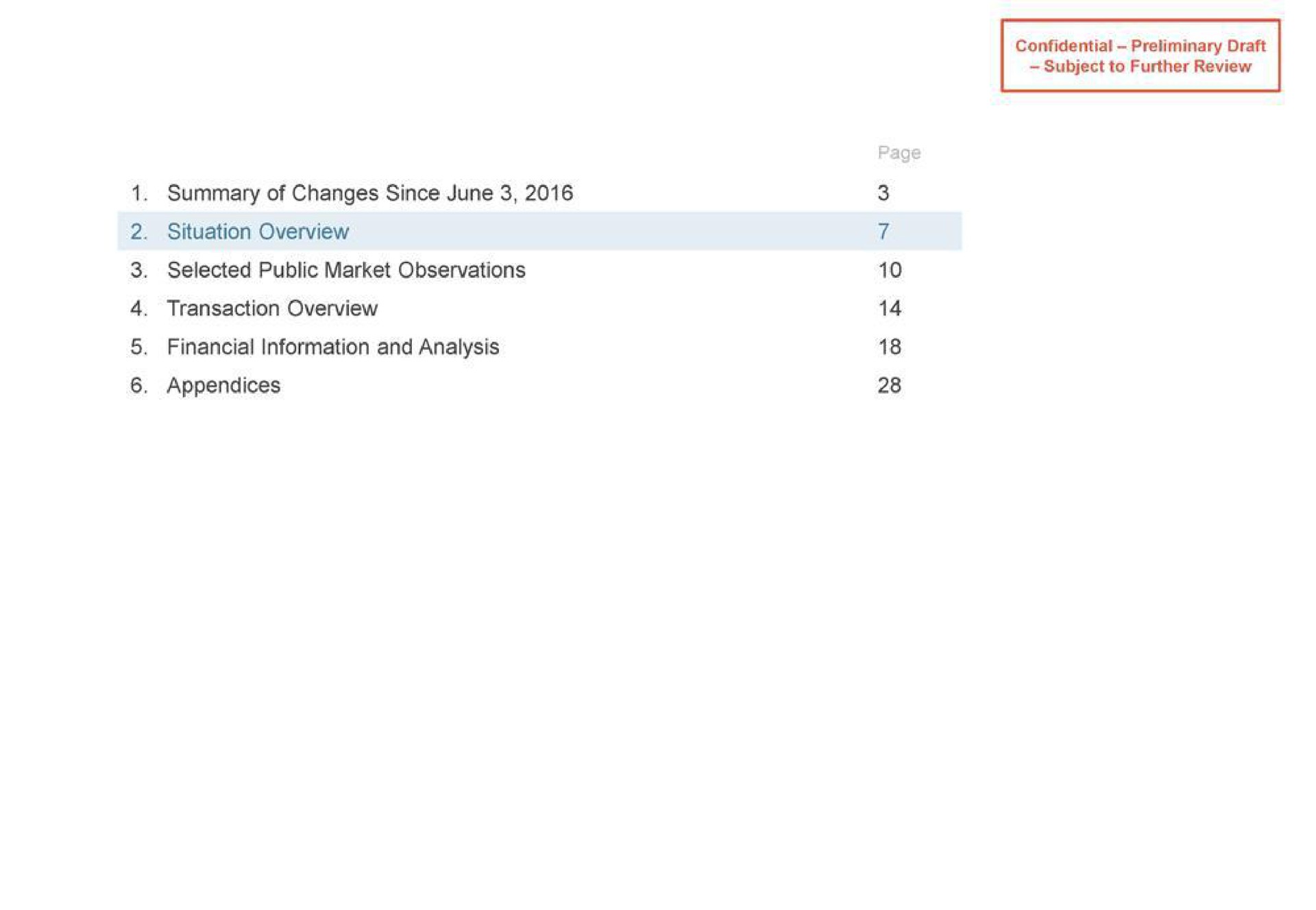 summary of changes since june situation overview selected public market observations transaction overview financial information and analysis appendices | Houlihan Lokey