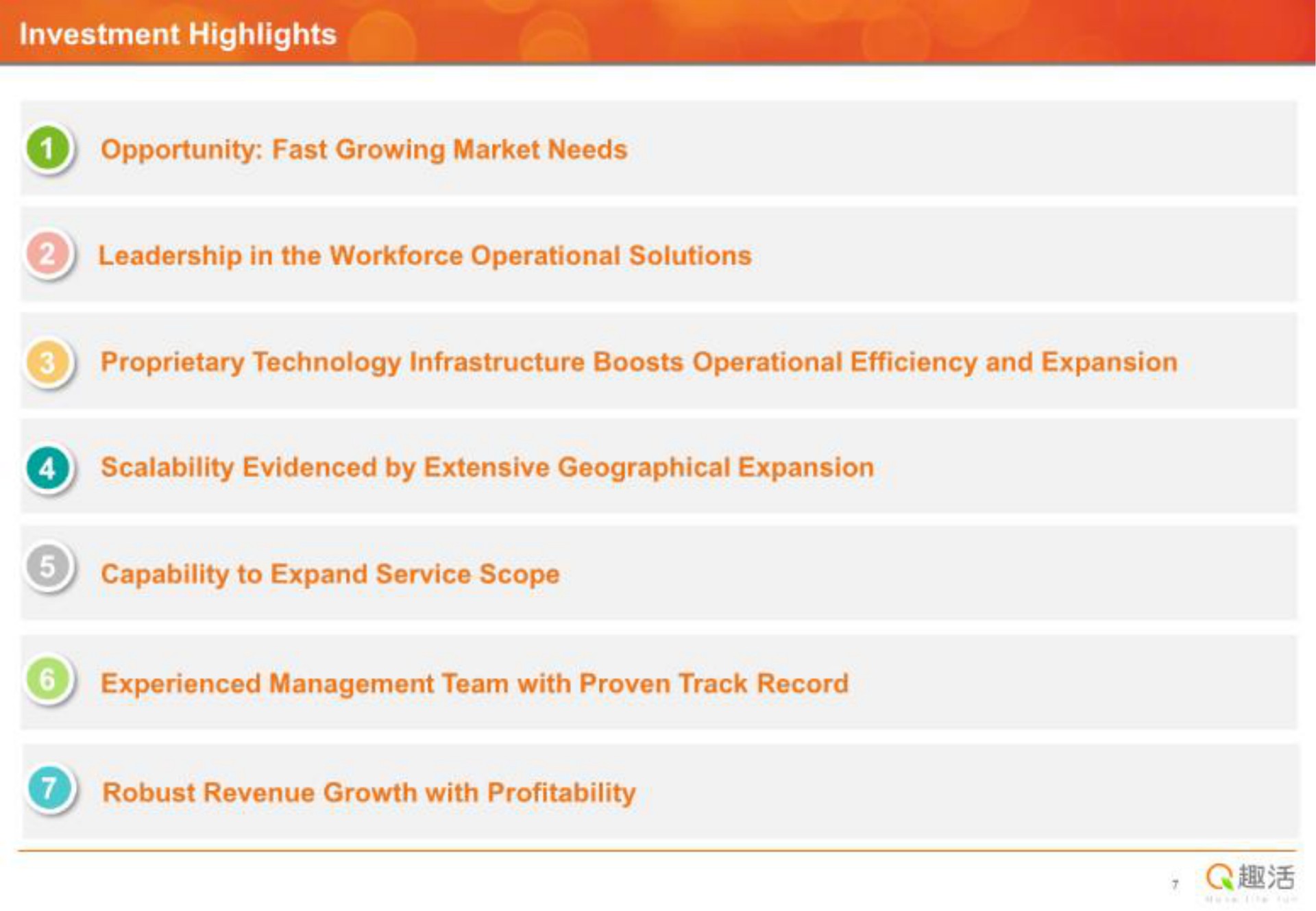 investment highlights opportunity fast growing market needs leadership in the operational solutions proprietary technology infrastructure boosts operational efficiency and expansion evidenced by extensive geographical expansion capability to expand service scope experienced management team with proven track record robust revenue growth with profitability | Quhuo