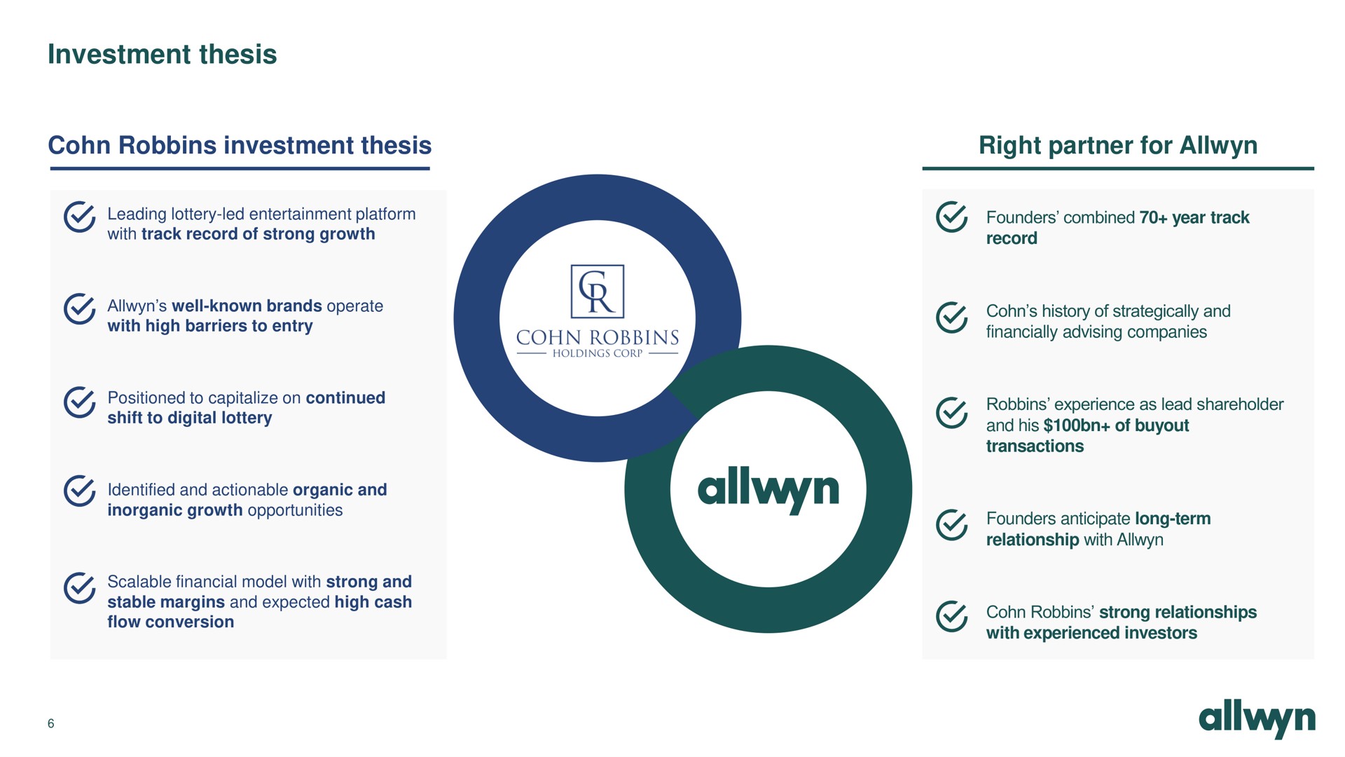 investment thesis investment thesis right partner for inorganic growth opportunities founders anticipate long term | Allwyn