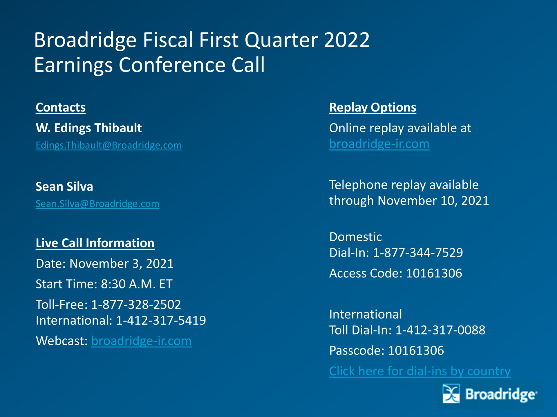 fiscal first quarter earnings conference call international tar be | Broadridge Financial Solutions