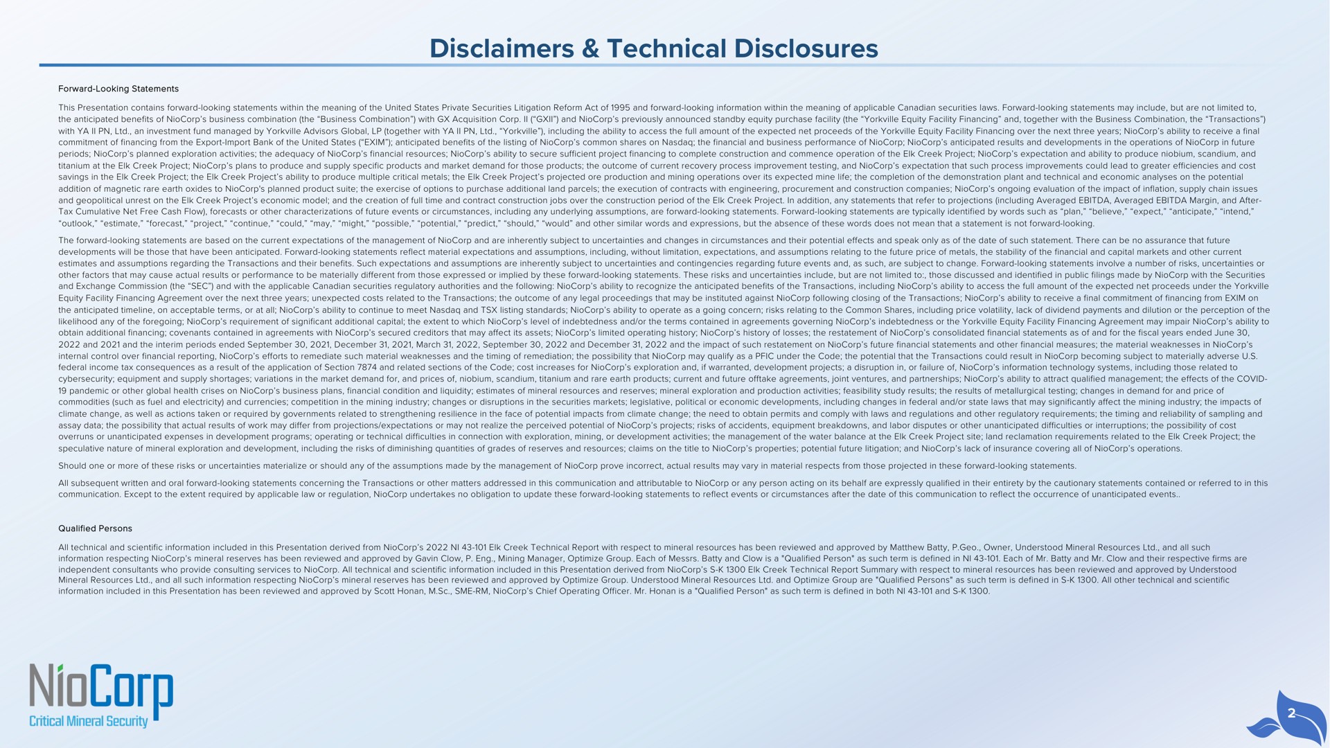 disclaimers technical disclosures | NioCorp