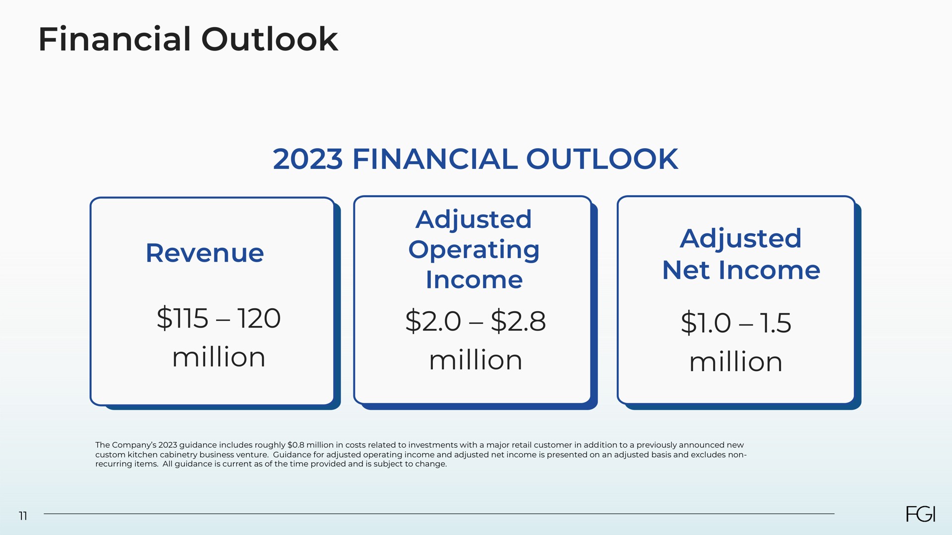 financial outlook financial outlook revenue million adjusted operating income million adjusted net income million | FGI Industries