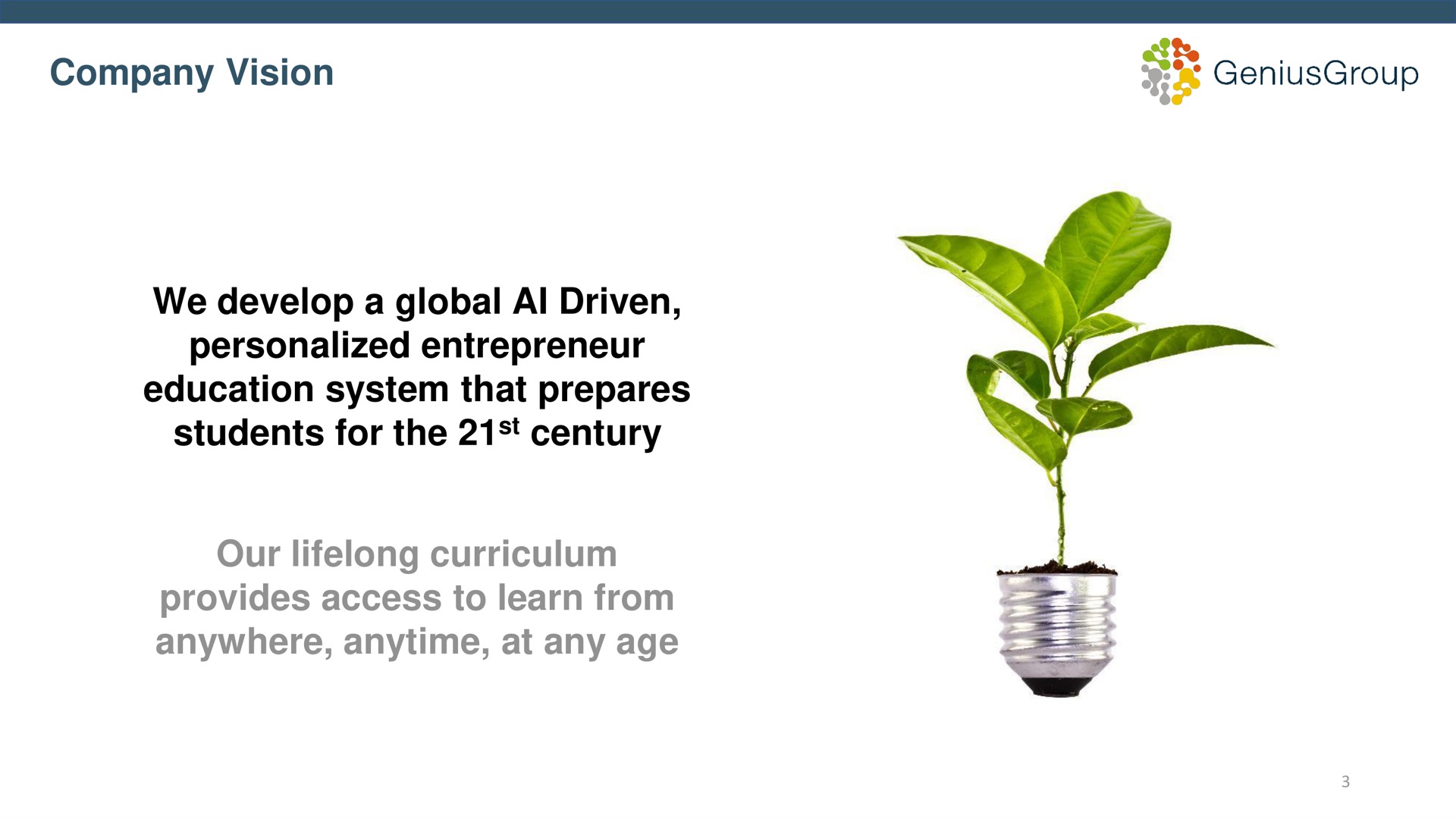 company vision we develop a global driven personalized entrepreneur education system that prepares students for the century our lifelong curriculum provides access to learn from anywhere at any age | Genius Group