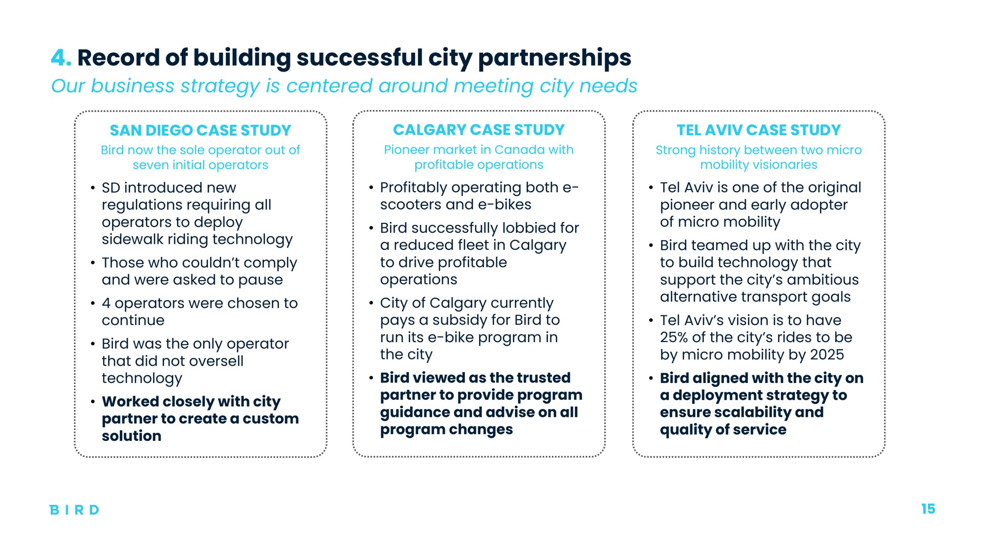 record of building successful city partnerships our business strategy is centered around meeting city needs | Bird