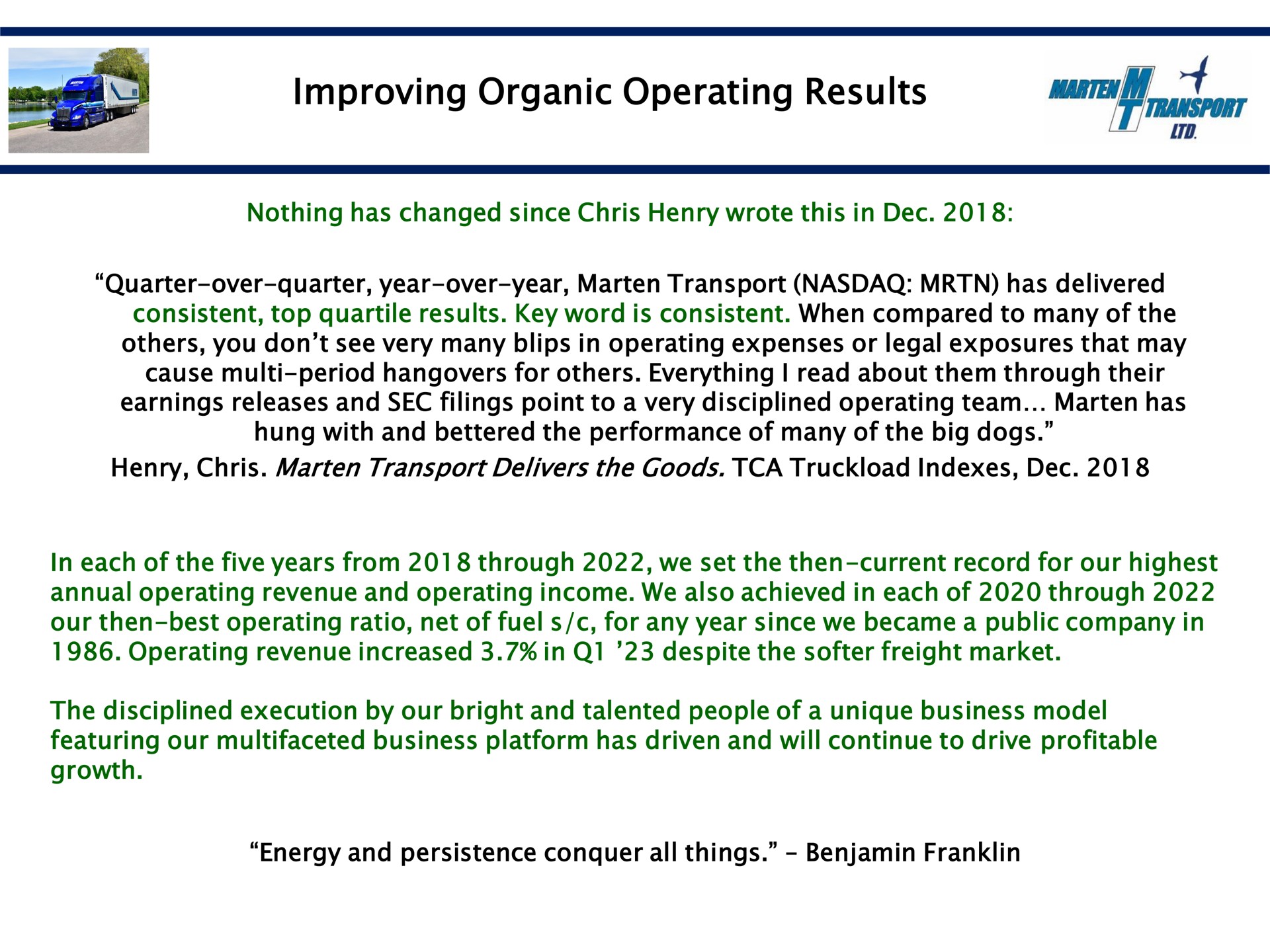 improving organic operating results wat soon | Marten Transport